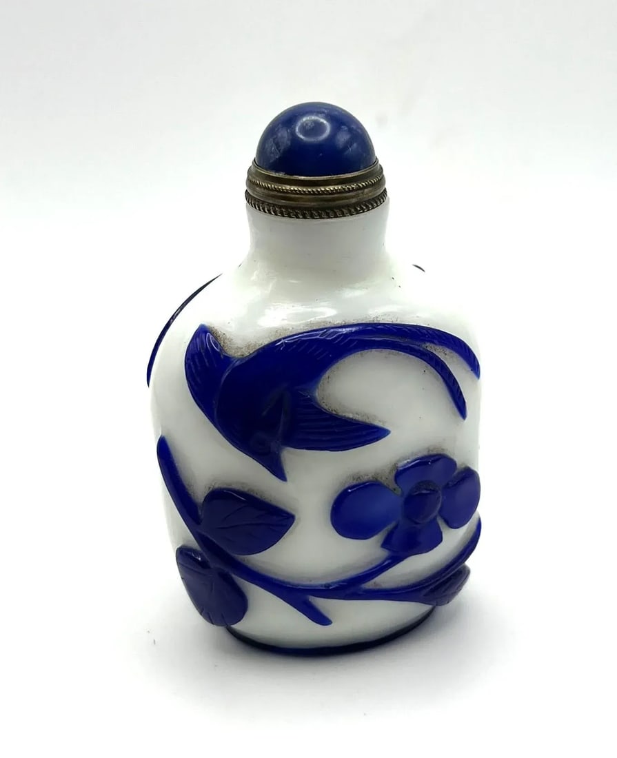 Vintage Opaline Glass Snuff Bottle With Blue Overlay of Birds and Flowers - 3