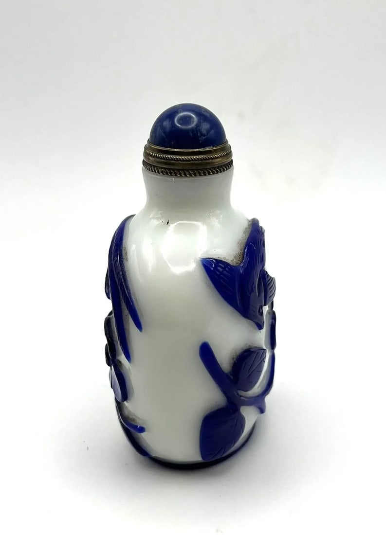 Vintage Opaline Glass Snuff Bottle With Blue Overlay of Birds and Flowers - 4