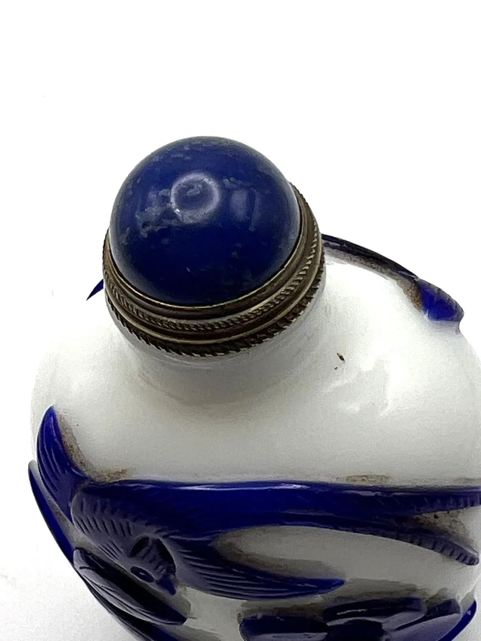 Vintage Opaline Glass Snuff Bottle With Blue Overlay of Birds and Flowers - 7