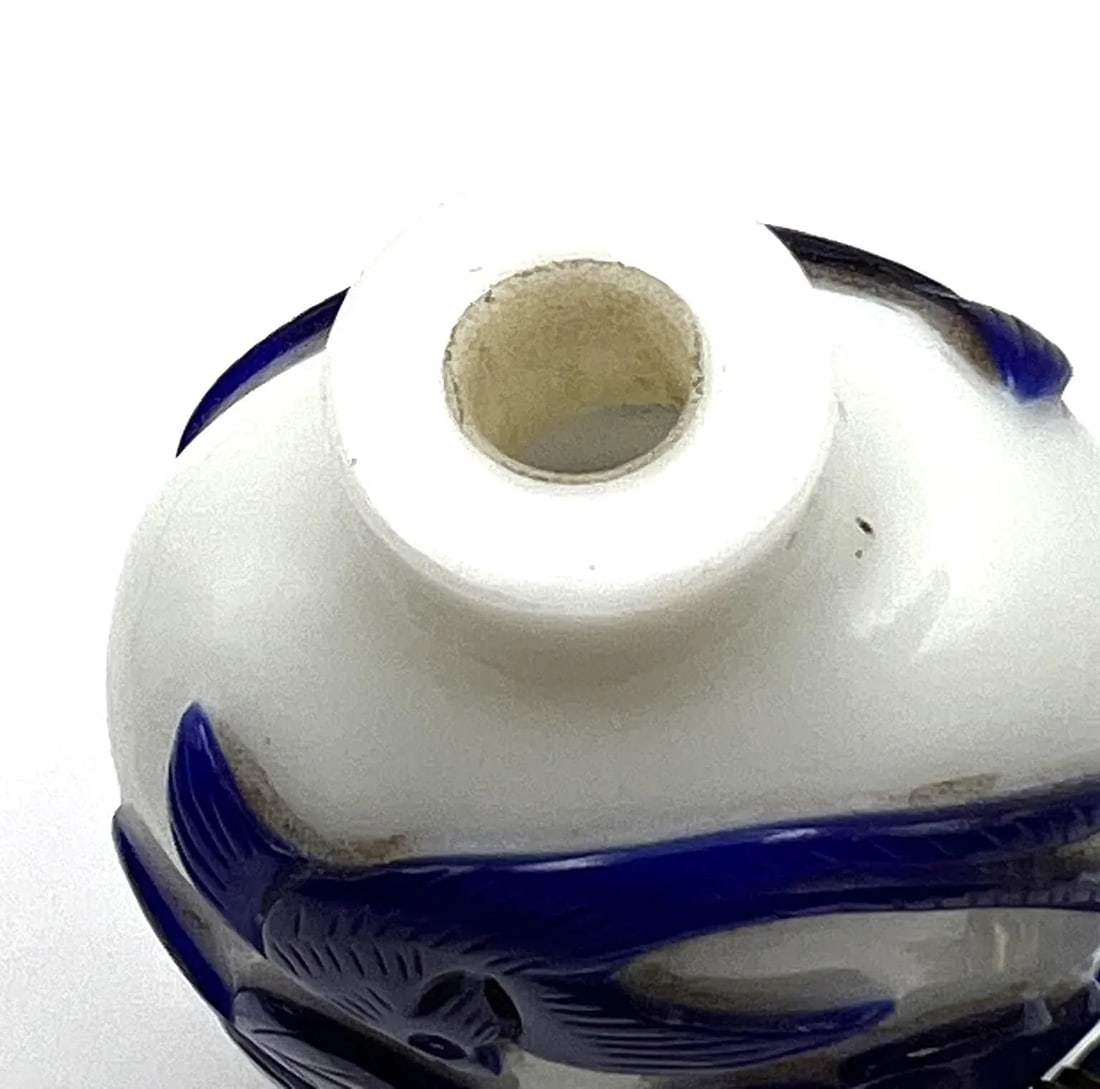 Vintage Opaline Glass Snuff Bottle With Blue Overlay of Birds and Flowers - 9