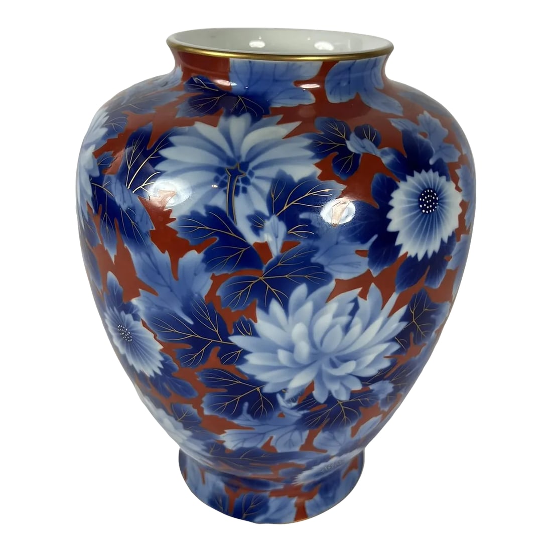 Vintage Fukugawa Blue and White Chrysanthemums Vase: The name Fukagawa may mean a lot to collectors of Japanese porcelains in this country but in Japan, the name is highly revered. Potters from the Fukagawa Family started work at the Imari kilns in