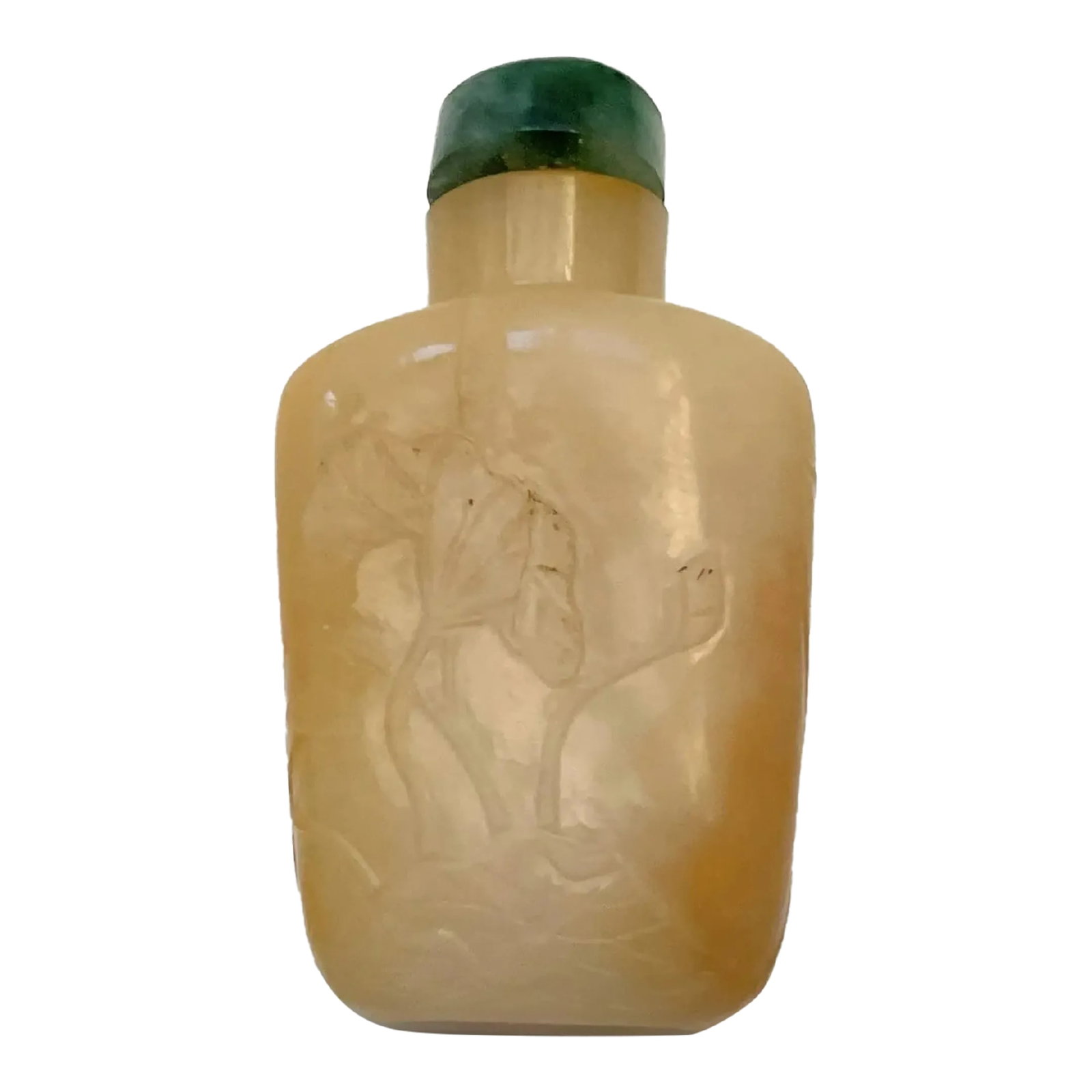 Vintage Yellow Jade Snuff Bottle With Carving: The soft yellow honey color jade snuff bottle has a flattened rectangular form slightly tapering towards the flat foot with a concave bottom. The square shoulders end in a straight neck with a