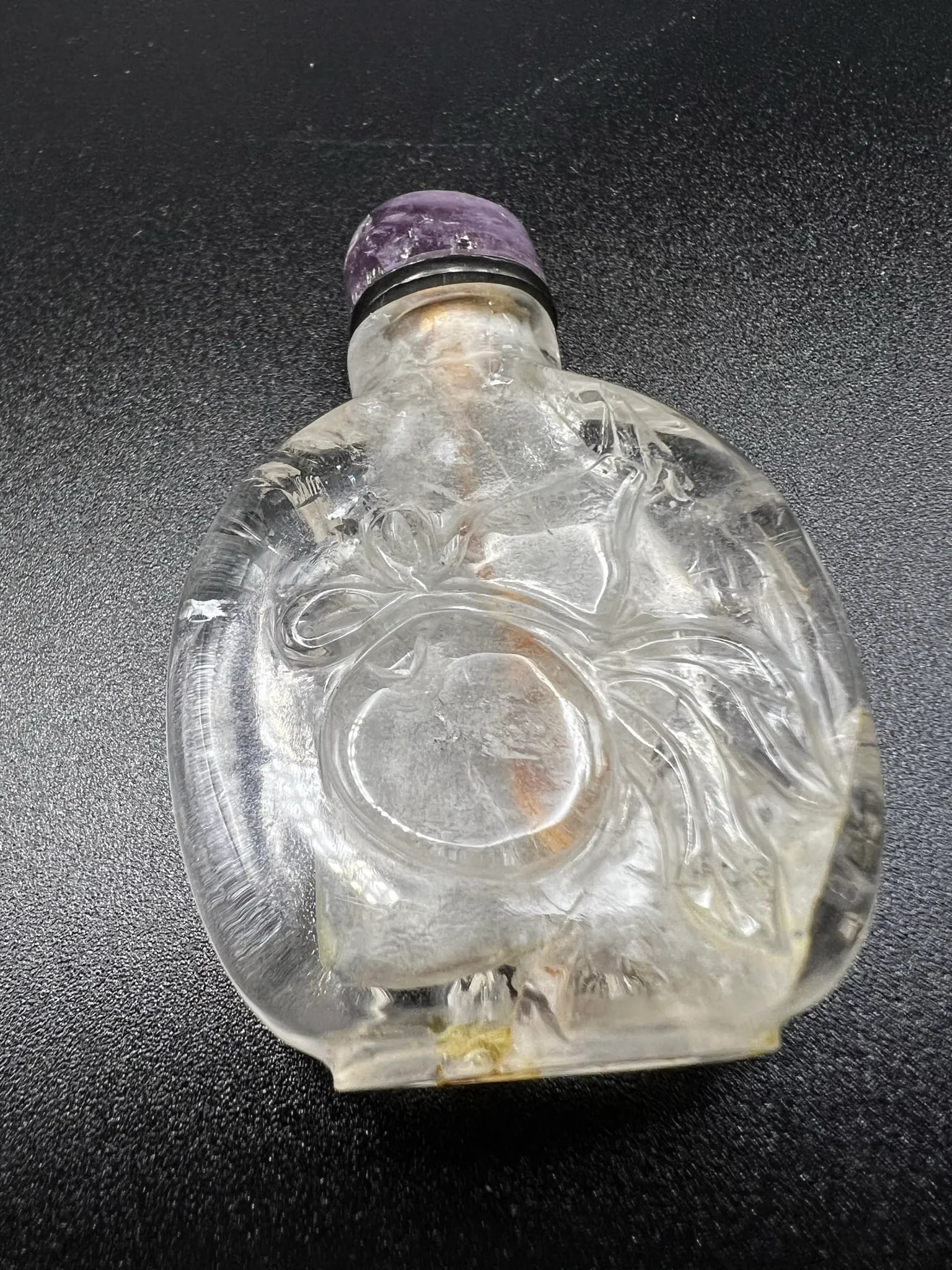 Vintage Rock Crystal Snuff Bottle With Carving and Amethyst Stopper - 10