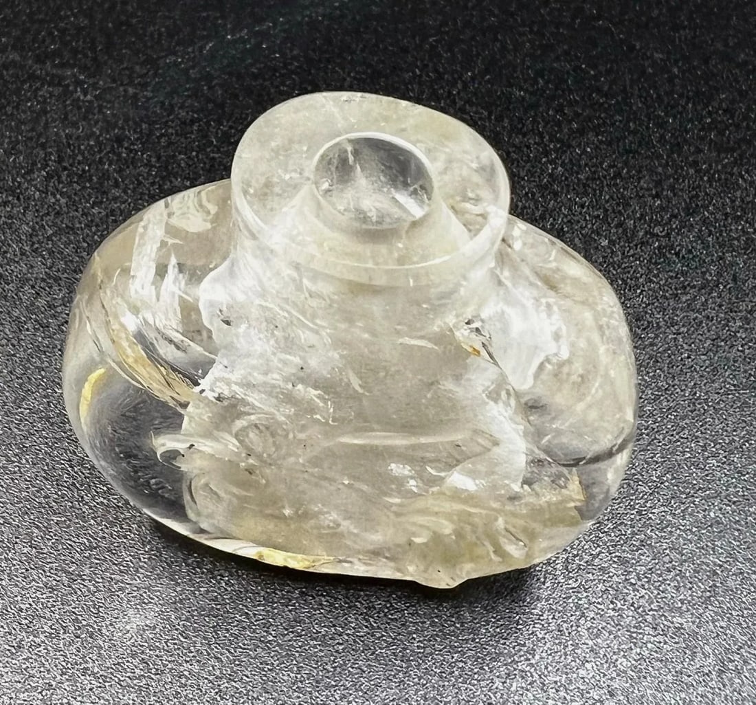 Vintage Rock Crystal Snuff Bottle With Carving and Amethyst Stopper - 11