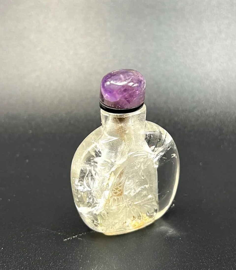 Vintage Rock Crystal Snuff Bottle With Carving and Amethyst Stopper - 2