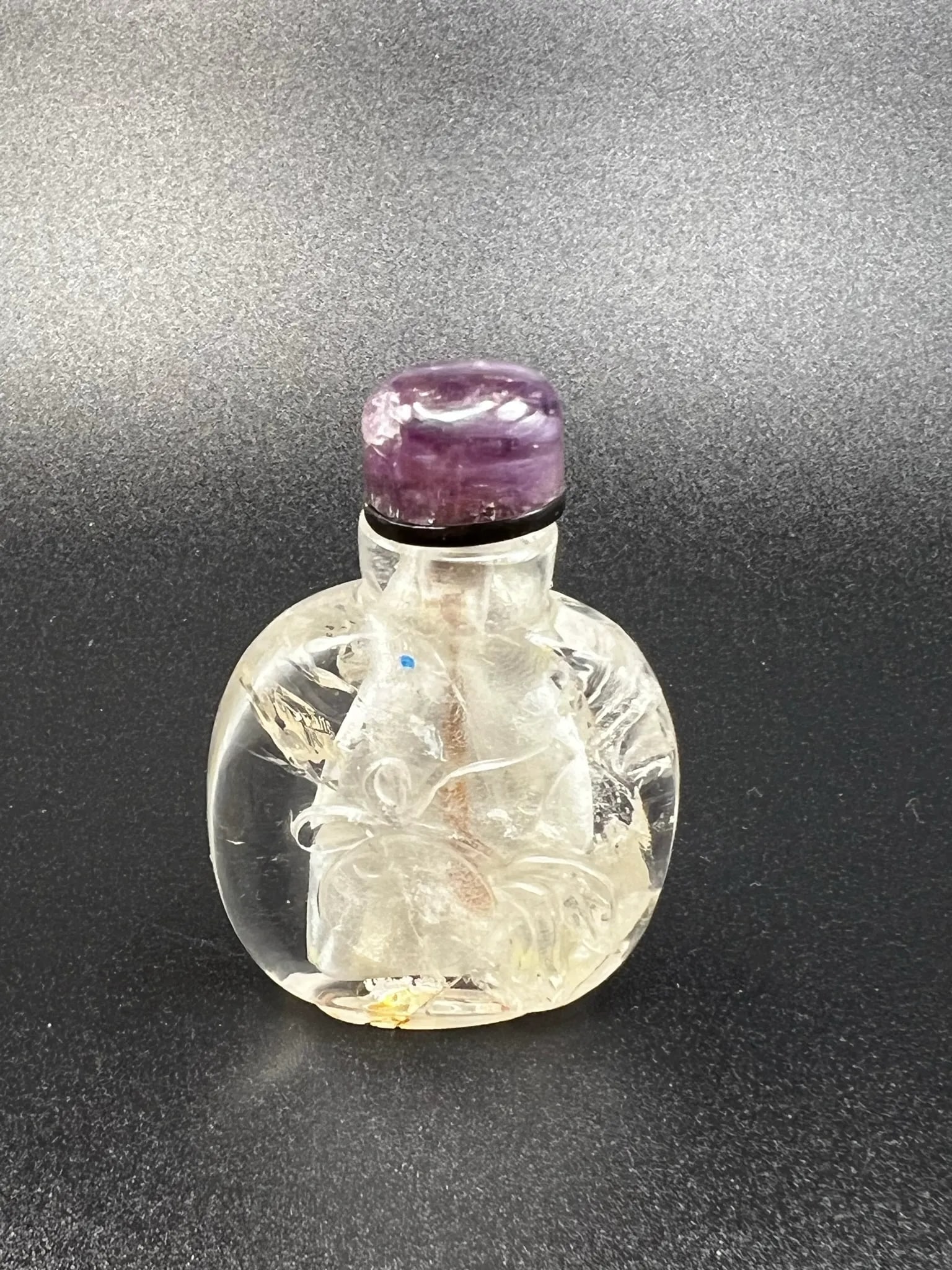 Vintage Rock Crystal Snuff Bottle With Carving and Amethyst Stopper - 4