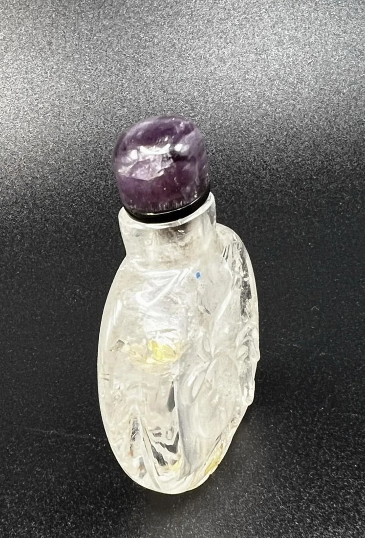 Vintage Rock Crystal Snuff Bottle With Carving and Amethyst Stopper - 5