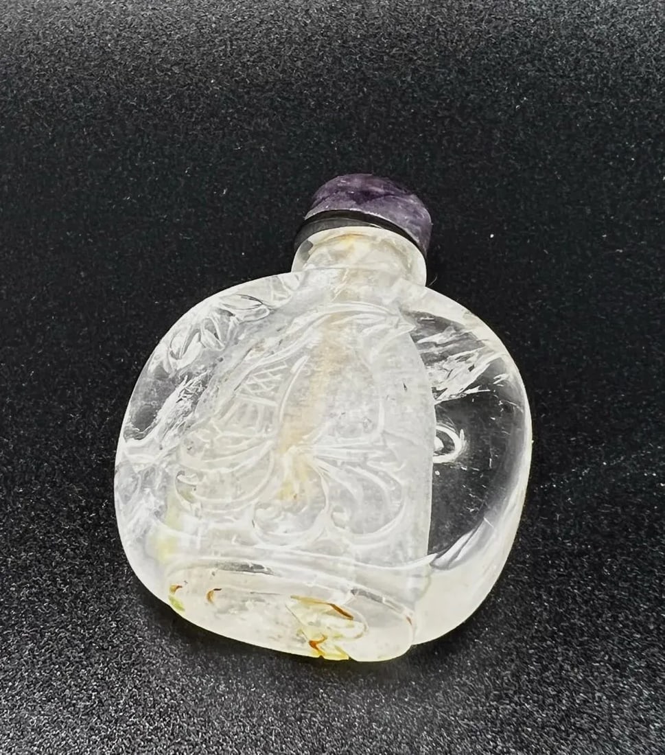 Vintage Rock Crystal Snuff Bottle With Carving and Amethyst Stopper - 7