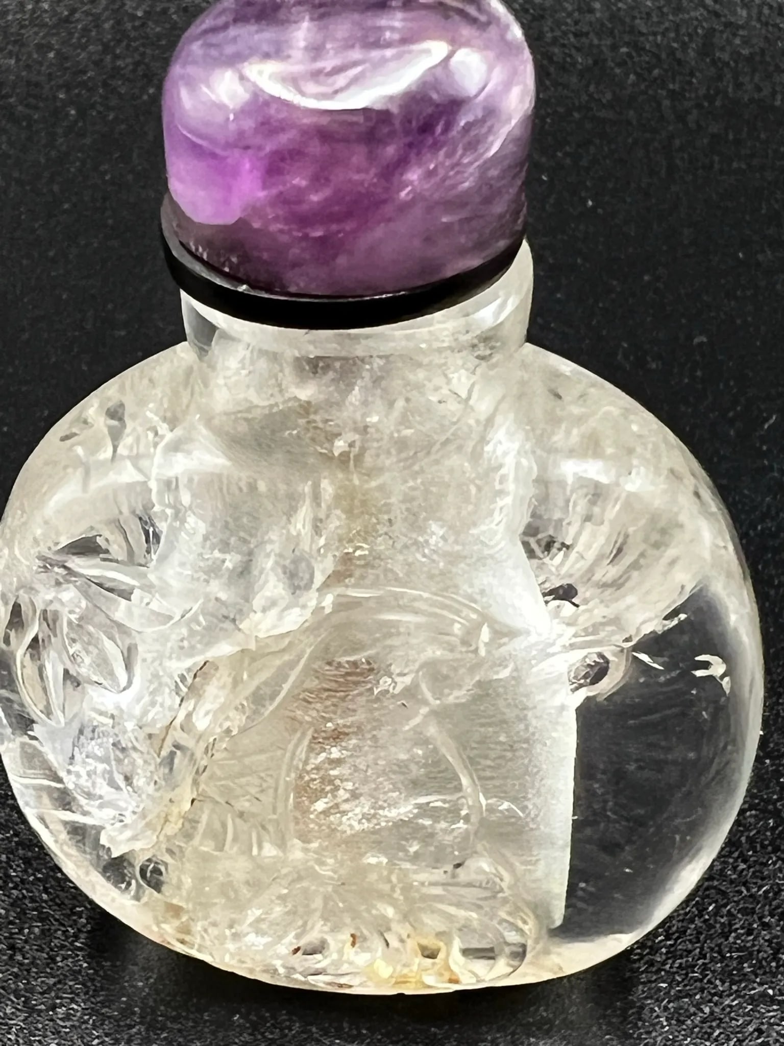 Vintage Rock Crystal Snuff Bottle With Carving and Amethyst Stopper - 8