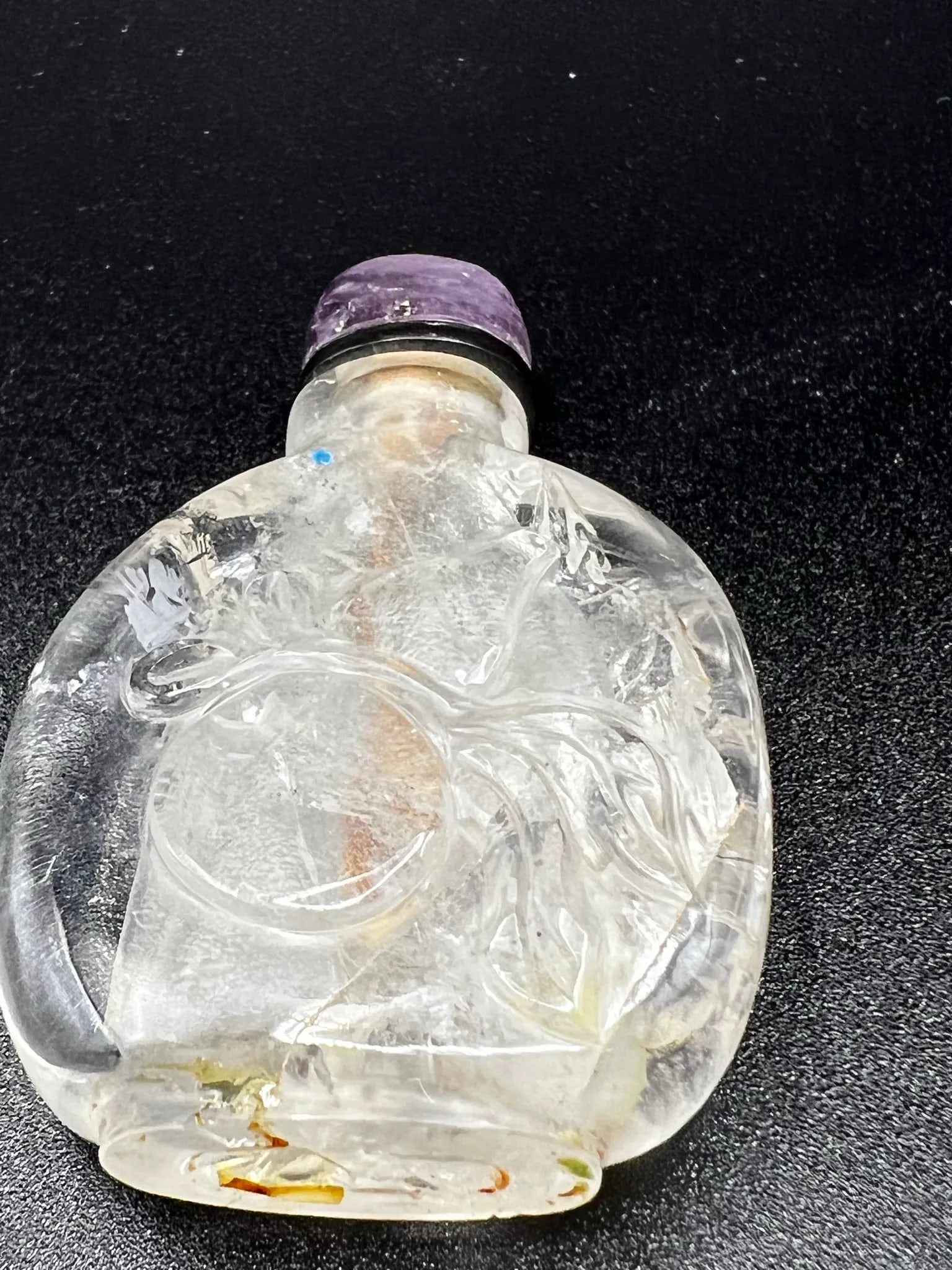 Vintage Rock Crystal Snuff Bottle With Carving and Amethyst Stopper - 9
