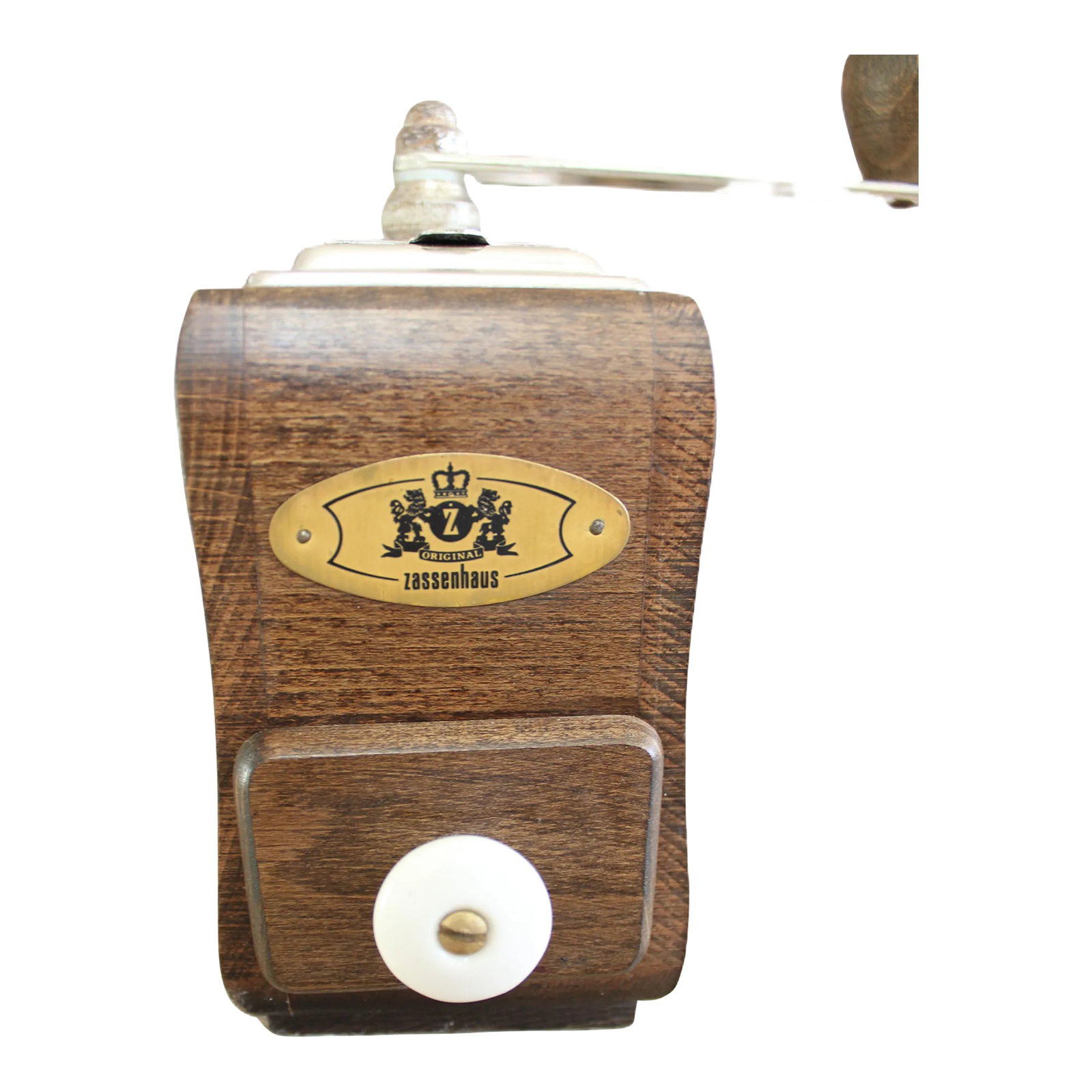 Early 20th Century German "Zassenhaus" Carved Wood, Coffee Grinder: 1950's-1940's antique German "Zassehaus" coffee grinder with hand crank. We love it's original pretty white porcelain pull handle. Sold as found Condition: Alterations: Original Condition Unaltered