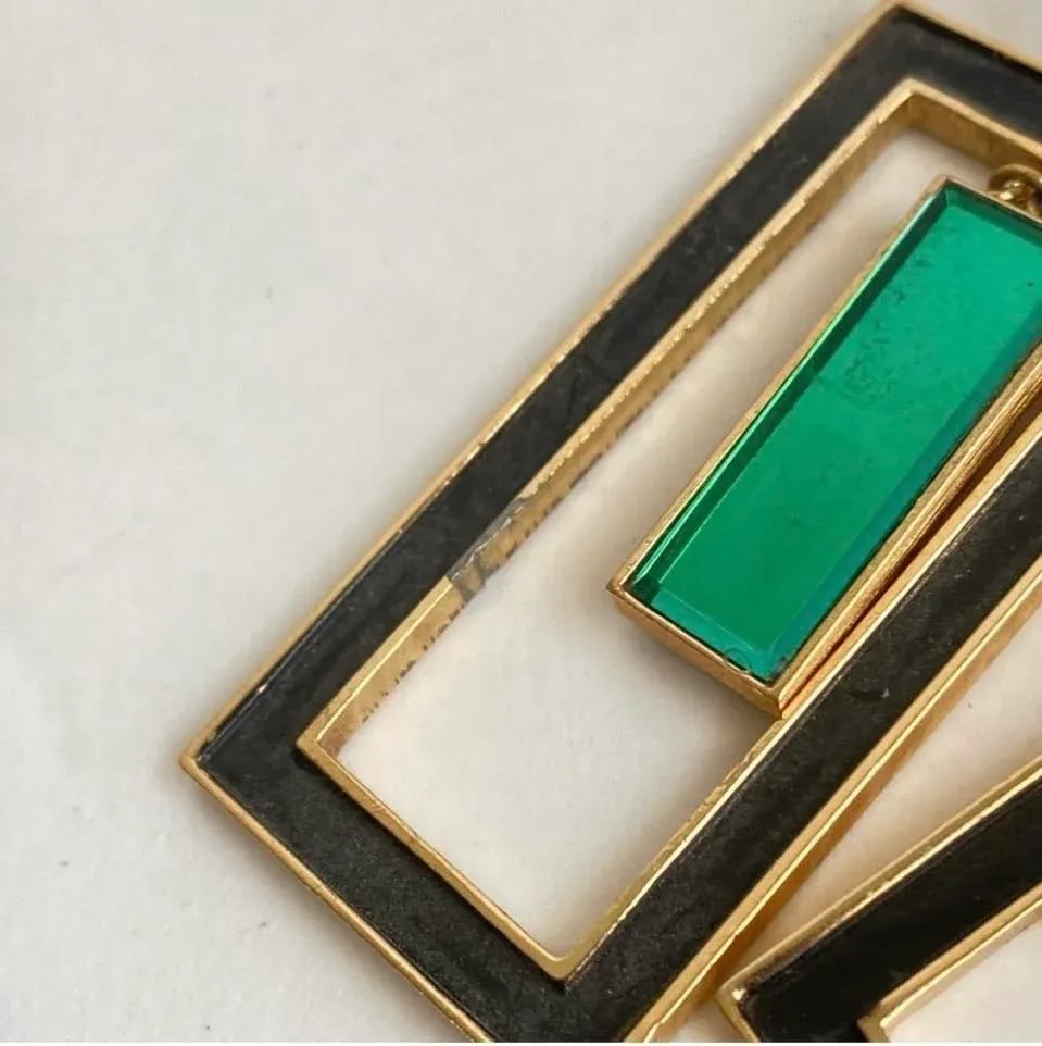 Trifari Hall of Mirrors Earrings Green & Blue Vintage Clip-On Drop Chandelier Statement Signed - 12
