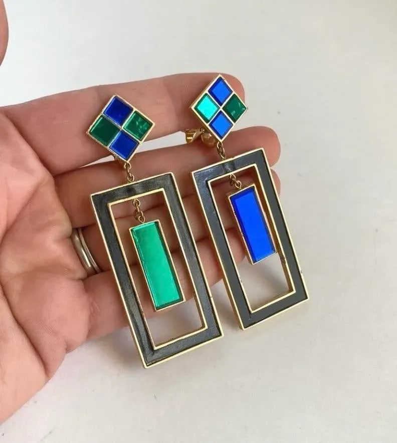Trifari Hall of Mirrors Earrings Green & Blue Vintage Clip-On Drop Chandelier Statement Signed - 2