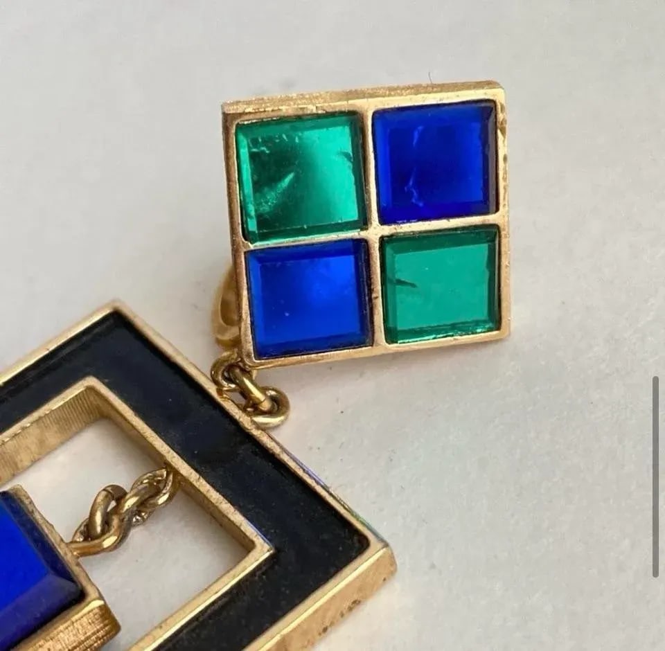 Trifari Hall of Mirrors Earrings Green & Blue Vintage Clip-On Drop Chandelier Statement Signed - 5