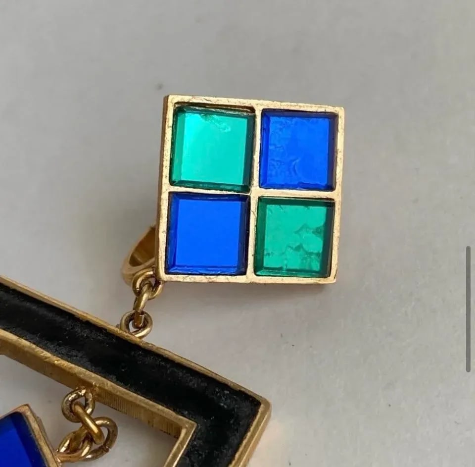 Trifari Hall of Mirrors Earrings Green & Blue Vintage Clip-On Drop Chandelier Statement Signed - 6