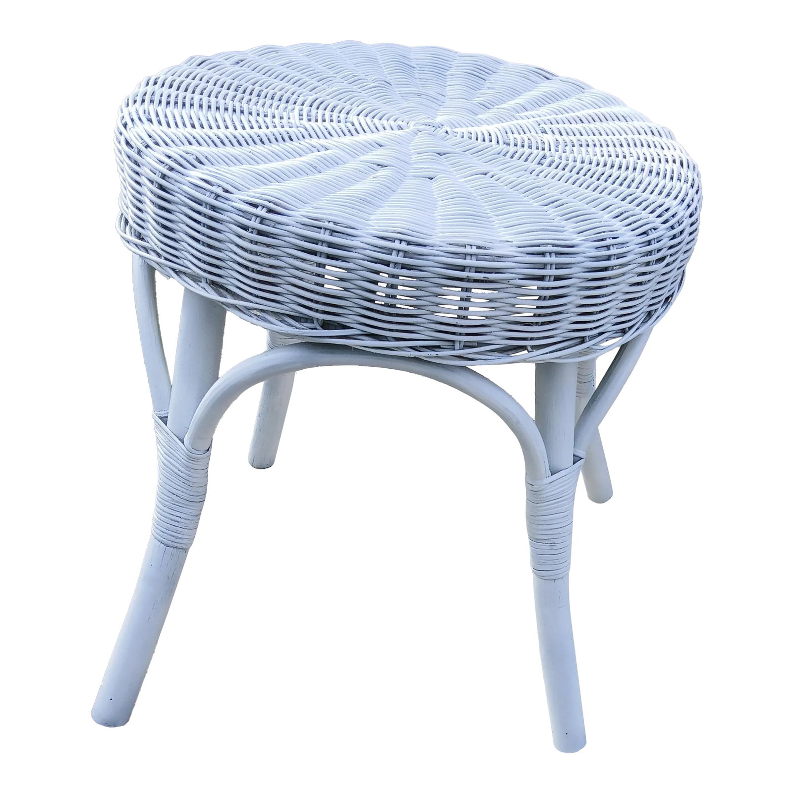 Mid 20th Century White Rattan Side Table: Late 60s or 1970s rattan round drinks table. Bentwood or steamed Rattan for the legs. The previous owner painted it from the natural Rattan color to a bright white which is not unattractive.
