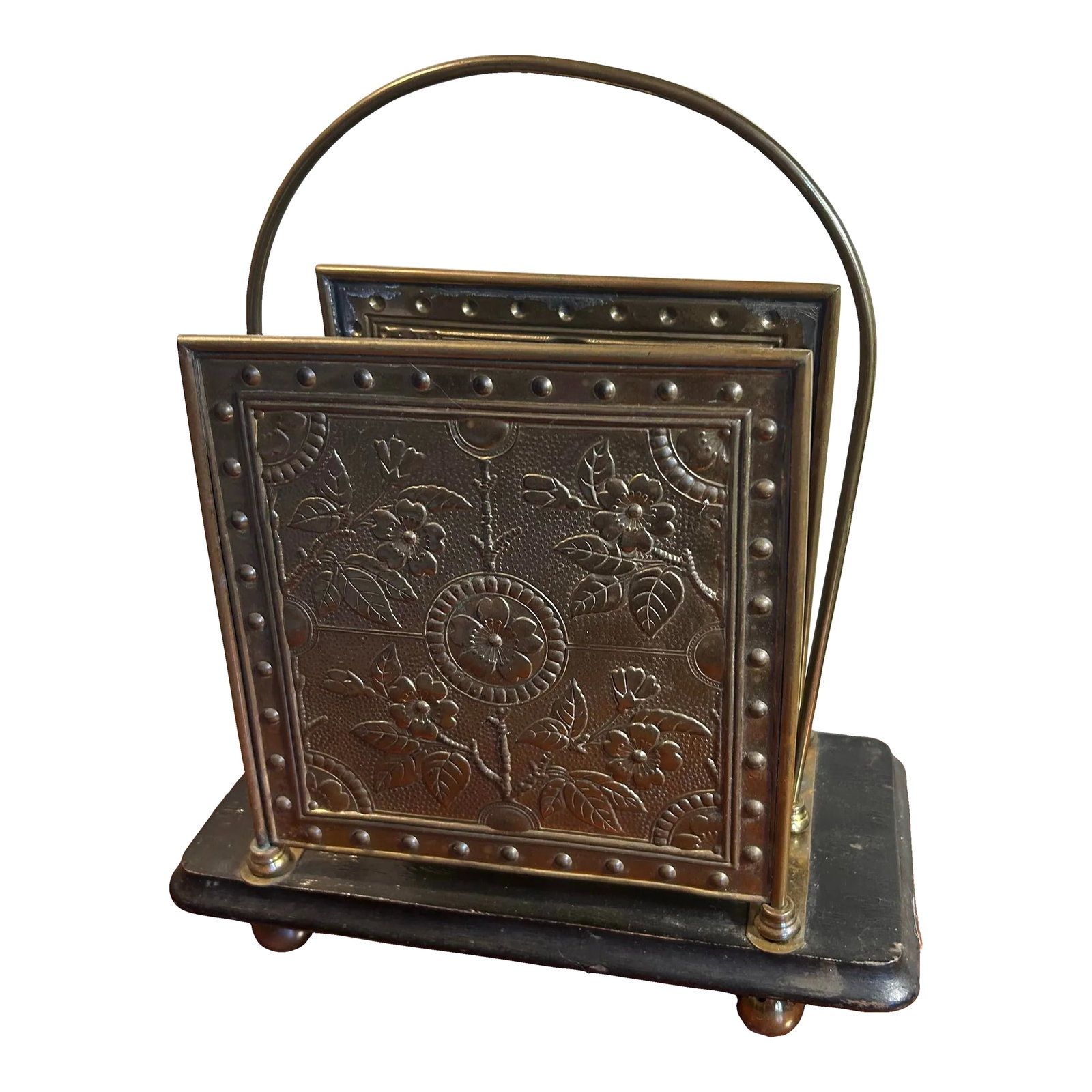 Antique Victorian Desktop Ornate Brass & Wood Letter Holder: Antique Victorian desktop letter / magazine holder. Features two ornate brass panels with a brass loop separator between them and four brass ball feet. Wood has distressed paint and shows some age.