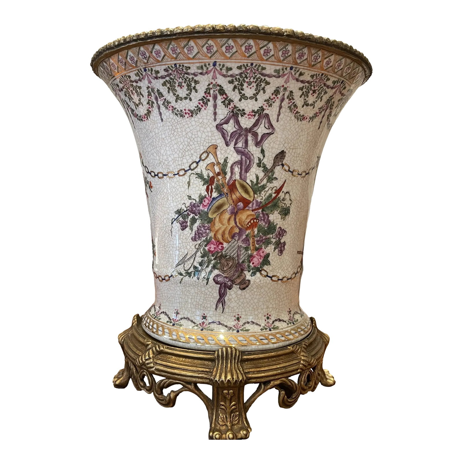 Vintage United Wilson Juwc 1897 Large Decorative Vase: United Wilson JUWC 1897 Hand-painted Chinese Porcelain Vase with Crackle Glaze. Large hand-painted vase with brass rim and detachable brass base. This large vase is decorated with traditional motifs