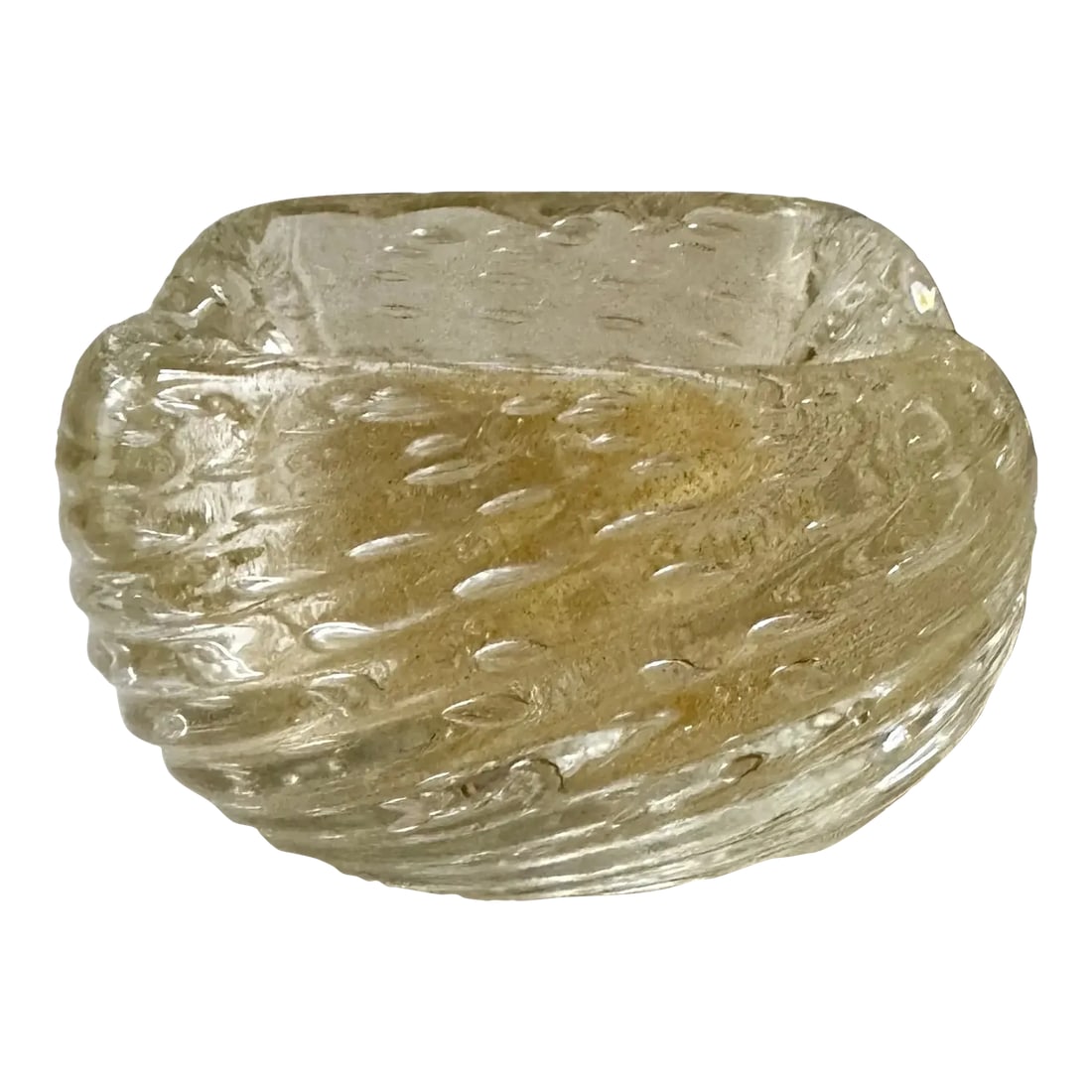 Barovier Toso Murano Style Mid-Century Modern Clear Glass Gold Leaf Bullicante Dish: Beautiful vintage gold fleck ashtray or catch all. Thick, heavy glass. No flaws. Condition: Alterations: Original Condition Unaltered Imperfections: Some Imperfections Condition Notes: No flaws