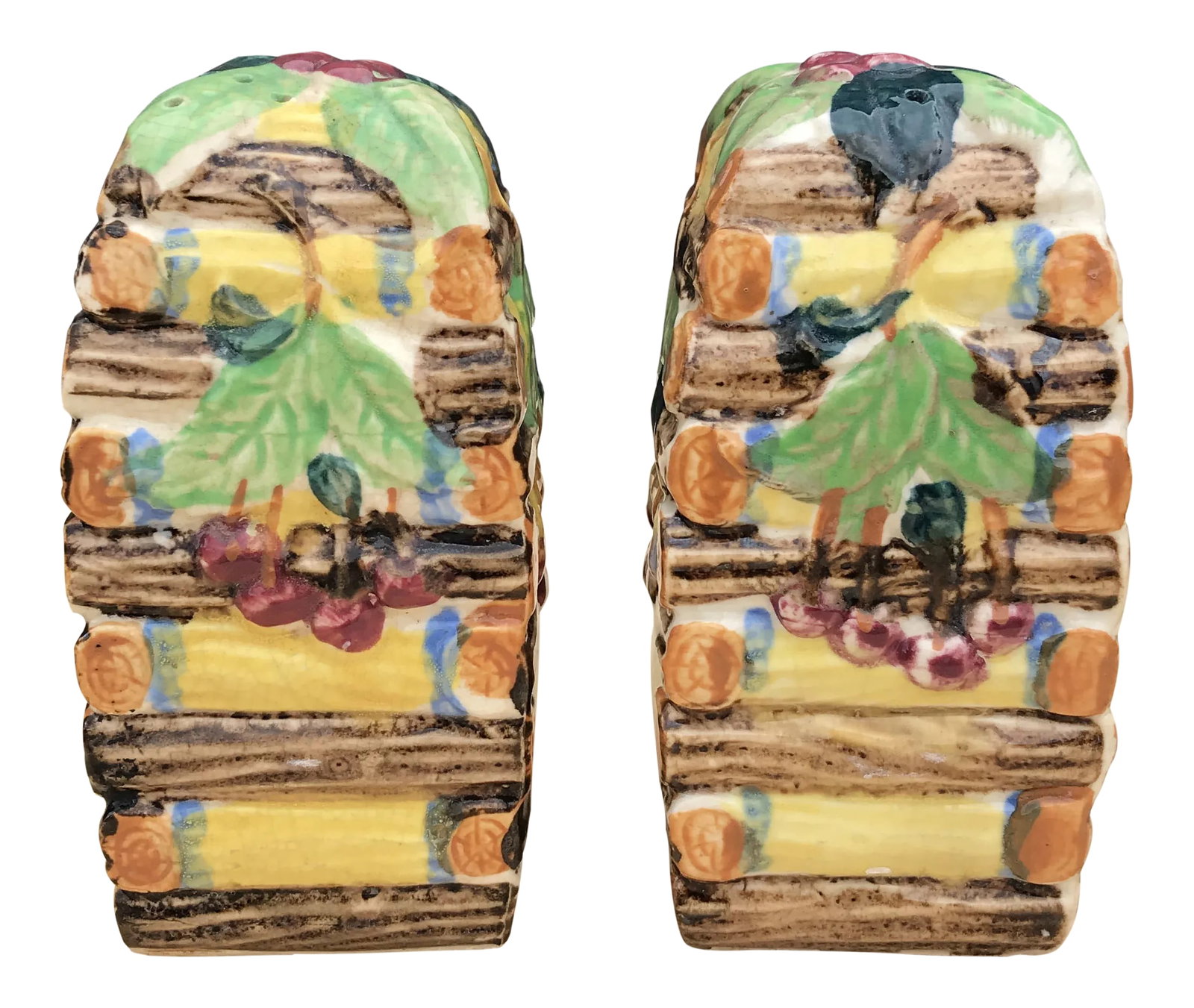 Large Majolica Salt and Pepper Shakers - a Pair: Extra large Vintage Majolica Salt Pepper Shakers Set Missing plugs Very colorful and vibrant! Excellent vintage condition Japan Condition: Alterations: Original Condition Unaltered Imperfections: