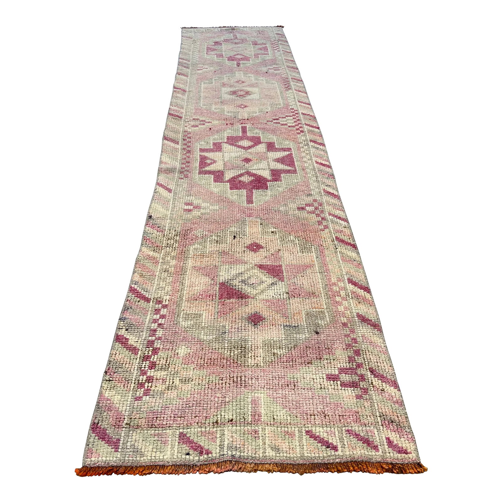Vintage Muted Oushak Runner Rug: All rugs have been professionally cleaned; original condition is not altered, age-related wear is considered normal in these unique, hand woven vintage rugs. It is common for slight variations in