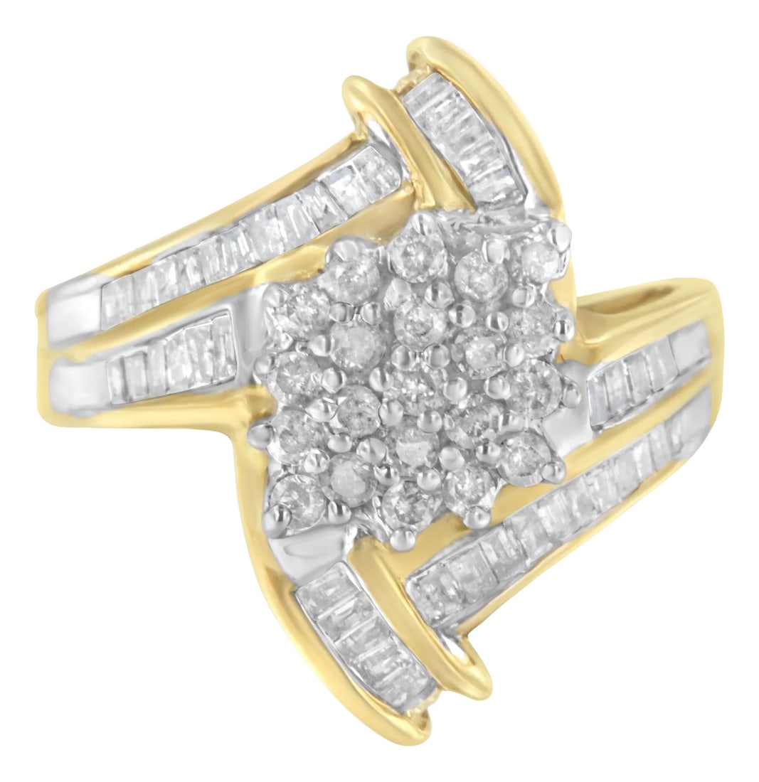 10K Yellow Gold Round and Baguette-Cut Diamond Bypass Cluster Ring (1.0 Cttw, I-J Color, I1-I2 Clari: Enjoy this beautiful diamond 10 karat yellow gold ring. Featuring a central cluster of round brilliant cut diamonds that are surrounded by rows of baguettes to form a by-pass design, this elegant