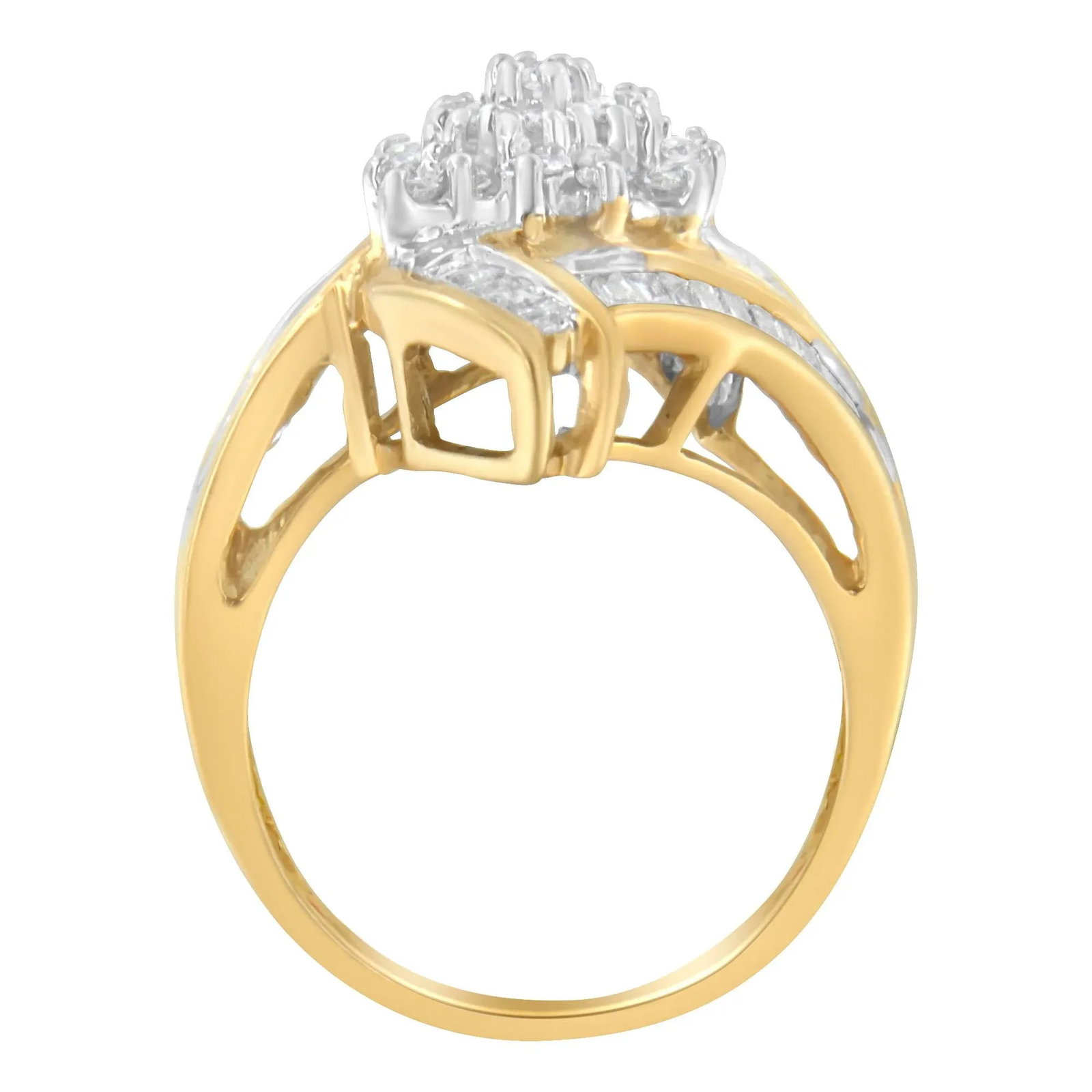 10K Yellow Gold Round and Baguette-Cut Diamond Bypass Cluster Ring (1.0 Cttw, I-J Color, I1-I2 Clari - 2