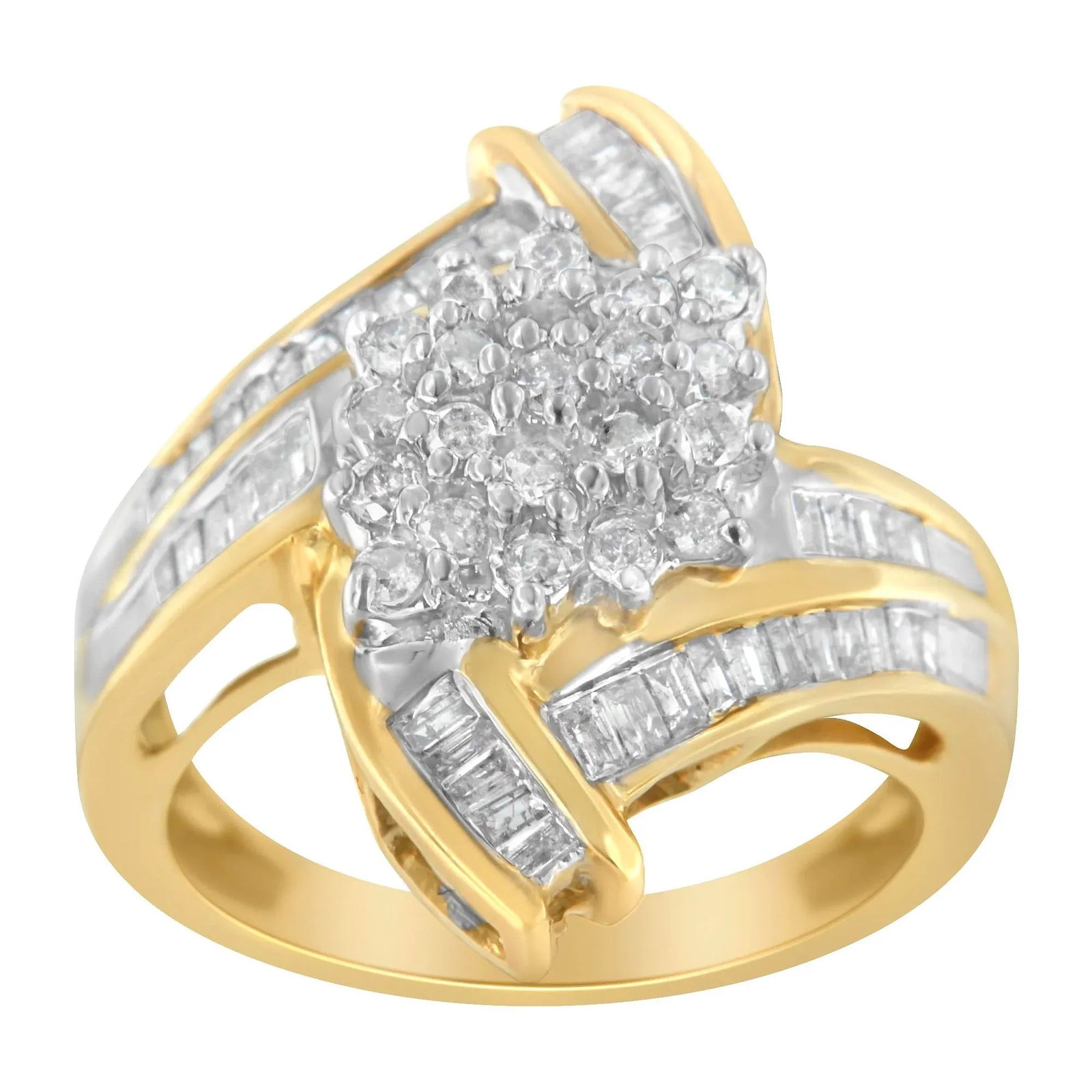 10K Yellow Gold Round and Baguette-Cut Diamond Bypass Cluster Ring (1.0 Cttw, I-J Color, I1-I2 Clari - 3
