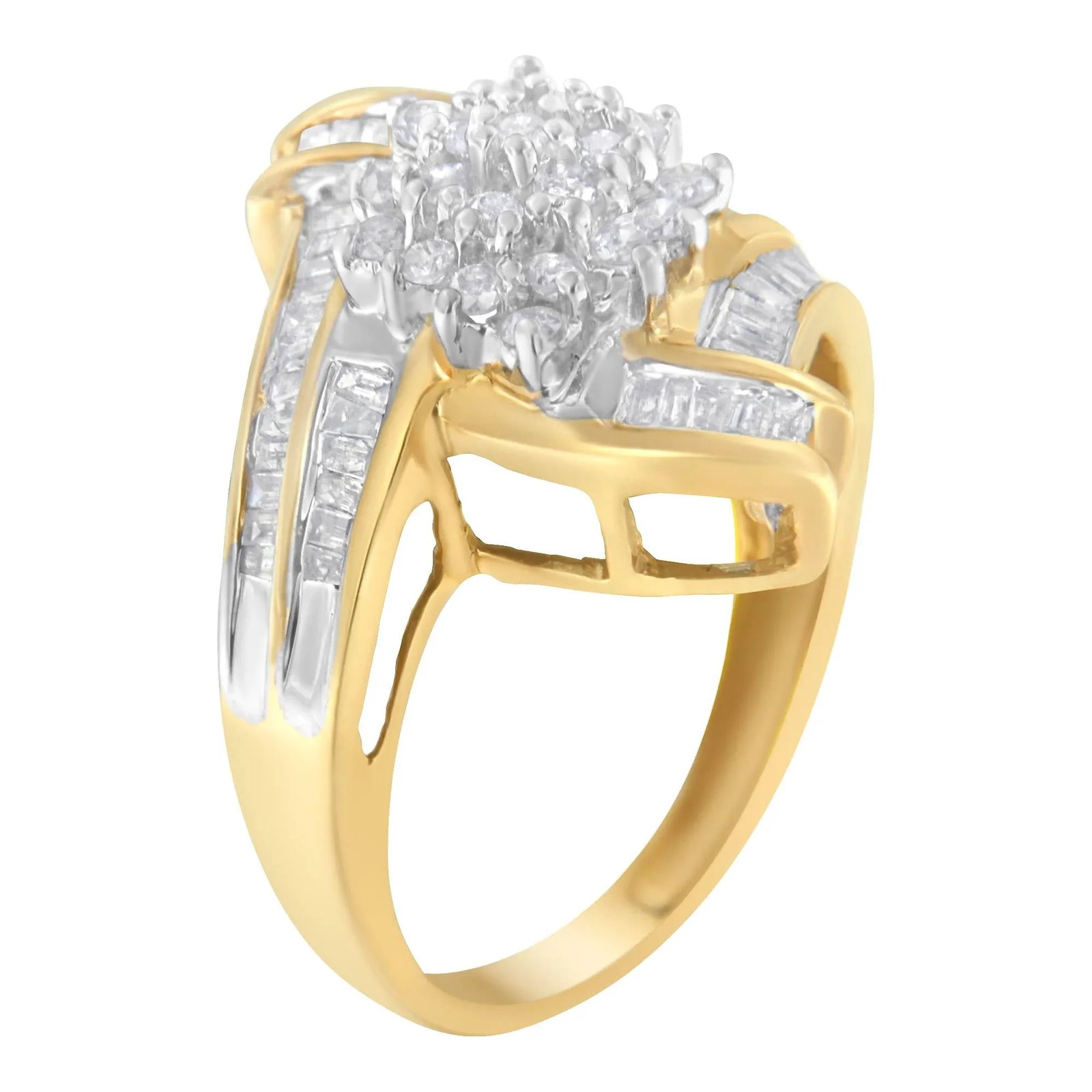 10K Yellow Gold Round and Baguette-Cut Diamond Bypass Cluster Ring (1.0 Cttw, I-J Color, I1-I2 Clari - 4