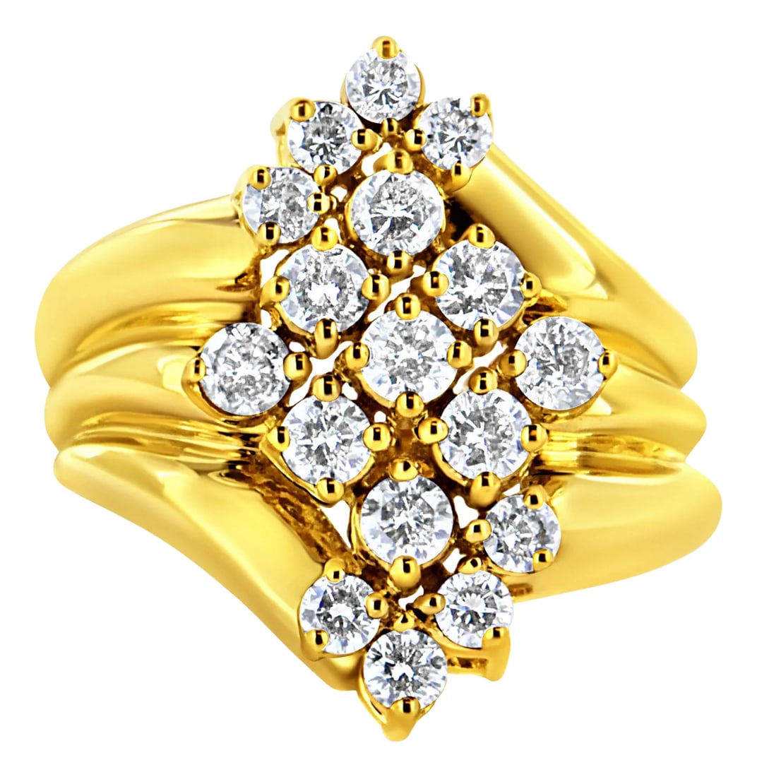 10K Yellow Gold Plated .925 Sterling Silver Diamond Cocktail Ring (1 1/2 Cttw, J-K Color, I1-I2 Clar: A diamond cluster ring crafted in yellow gold plated sterling silver. The design features a thick band mimicking three thin bands set, with asymmetrical clusters of diamonds.There are 17 total
