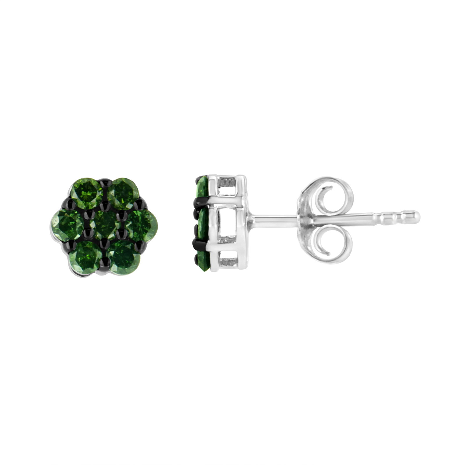 .925 Sterling Silver 4.0 Cttw Prong Set Round-Cut Treated Green Diamond Floral Cluster Stud Earring - 2