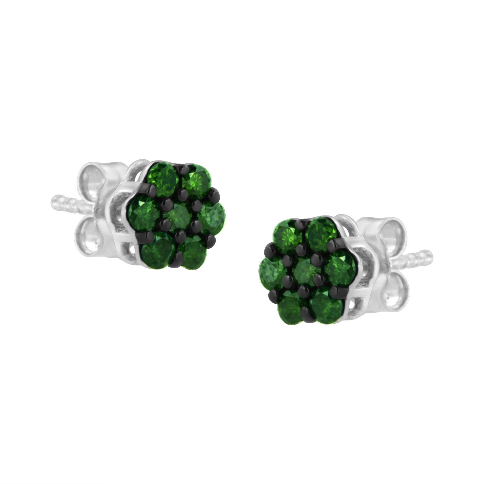 .925 Sterling Silver 4.0 Cttw Prong Set Round-Cut Treated Green Diamond Floral Cluster Stud Earring - 3