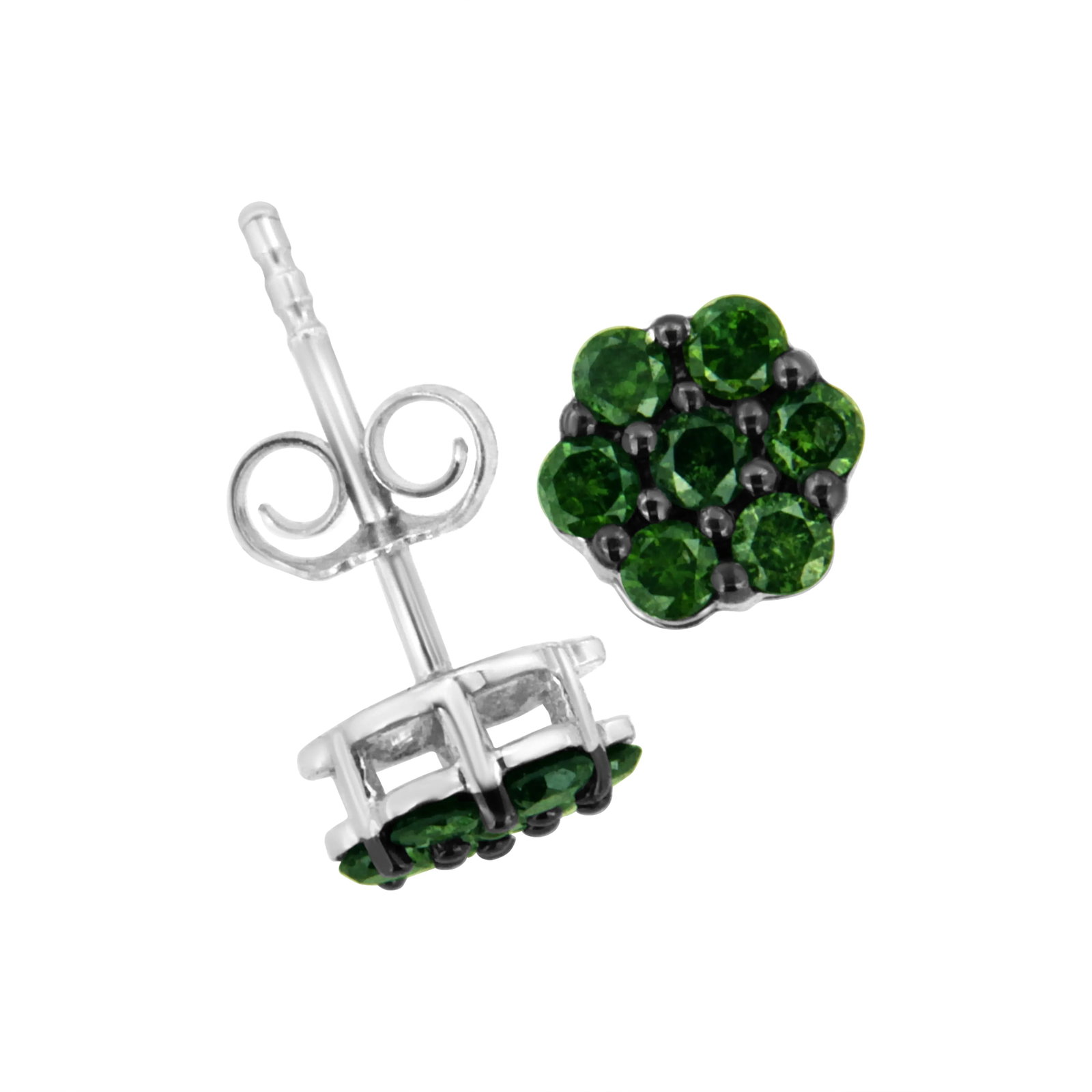 .925 Sterling Silver 4.0 Cttw Prong Set Round-Cut Treated Green Diamond Floral Cluster Stud Earring - 4