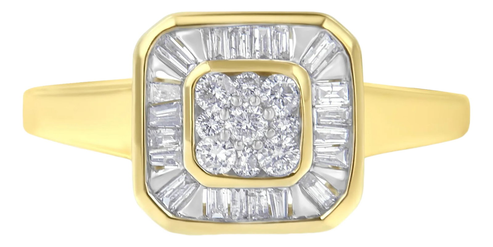 10K Yellow Gold Diamond Cocktail Ring (1/2 Cttw, I-J Color, SI2-I1 Clarity) - Size 6 EVS1010: A diamond cocktail ring that has a central squared cluster of round brilliant cut diamonds surrounded by a halo of baguette diamonds. The wide tapering band is crafted in warm 10 karat yellow gold.