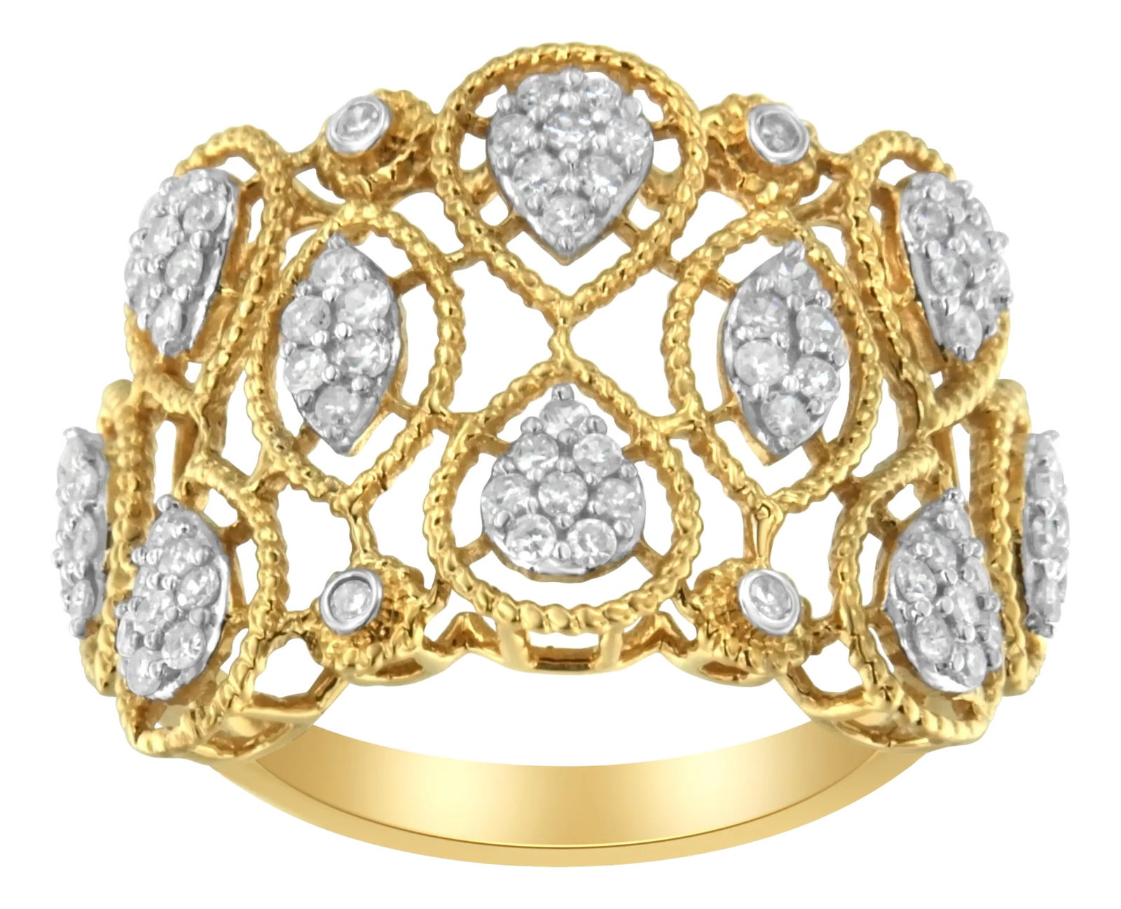 14K Yellow Gold Diamond Art Deco Ring (1/2 Cttw, H-I Color, I1 Clarity) - Size 8 EVS1010: This 14kt yellow gold band brings a mix of a art deco looks with floral elegance to your hand. Pear-inspired clusters and bezel accents are interwoven within a lattice of openwork mesh, crafted of