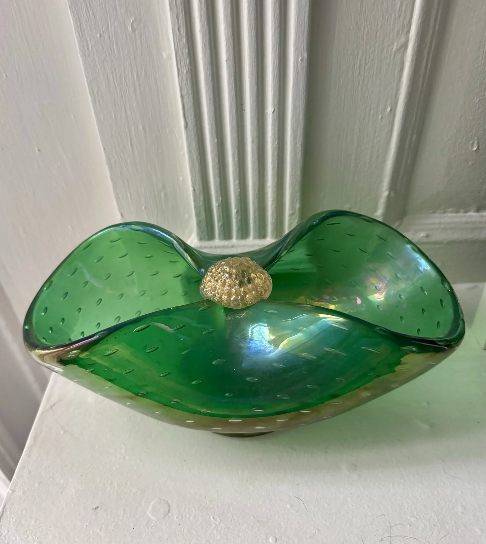 Vintage Murano Style Italian Glass Bowl Controlled Bubble Green Gold Decorative Dish - 2