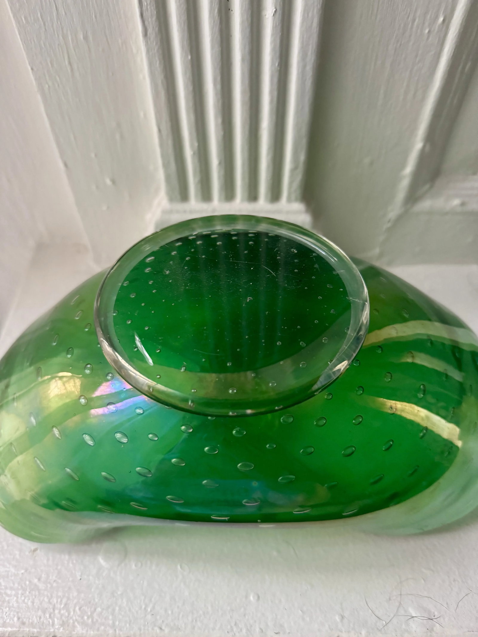 Vintage Murano Style Italian Glass Bowl Controlled Bubble Green Gold Decorative Dish - 3