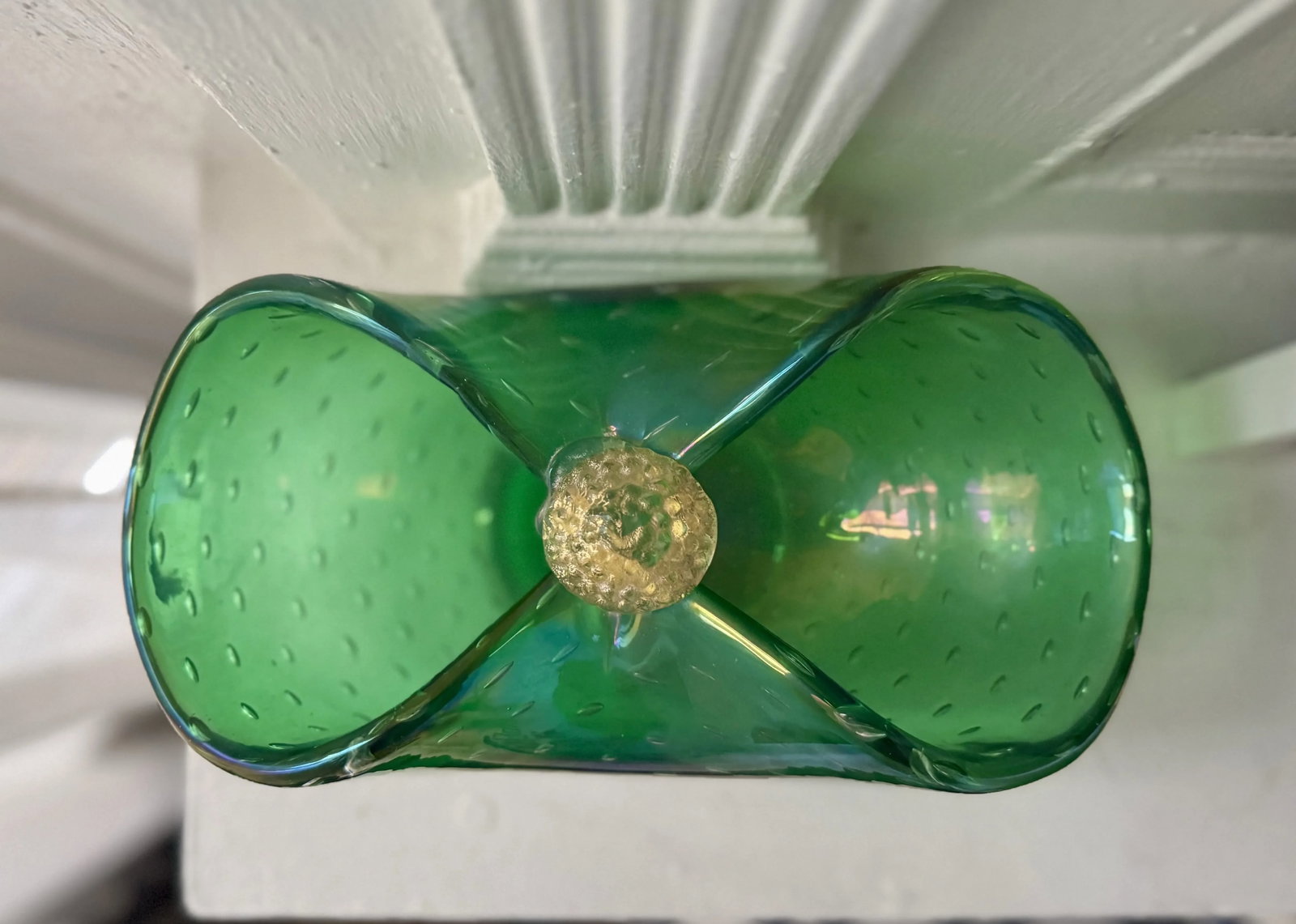 Vintage Murano Style Italian Glass Bowl Controlled Bubble Green Gold Decorative Dish - 4