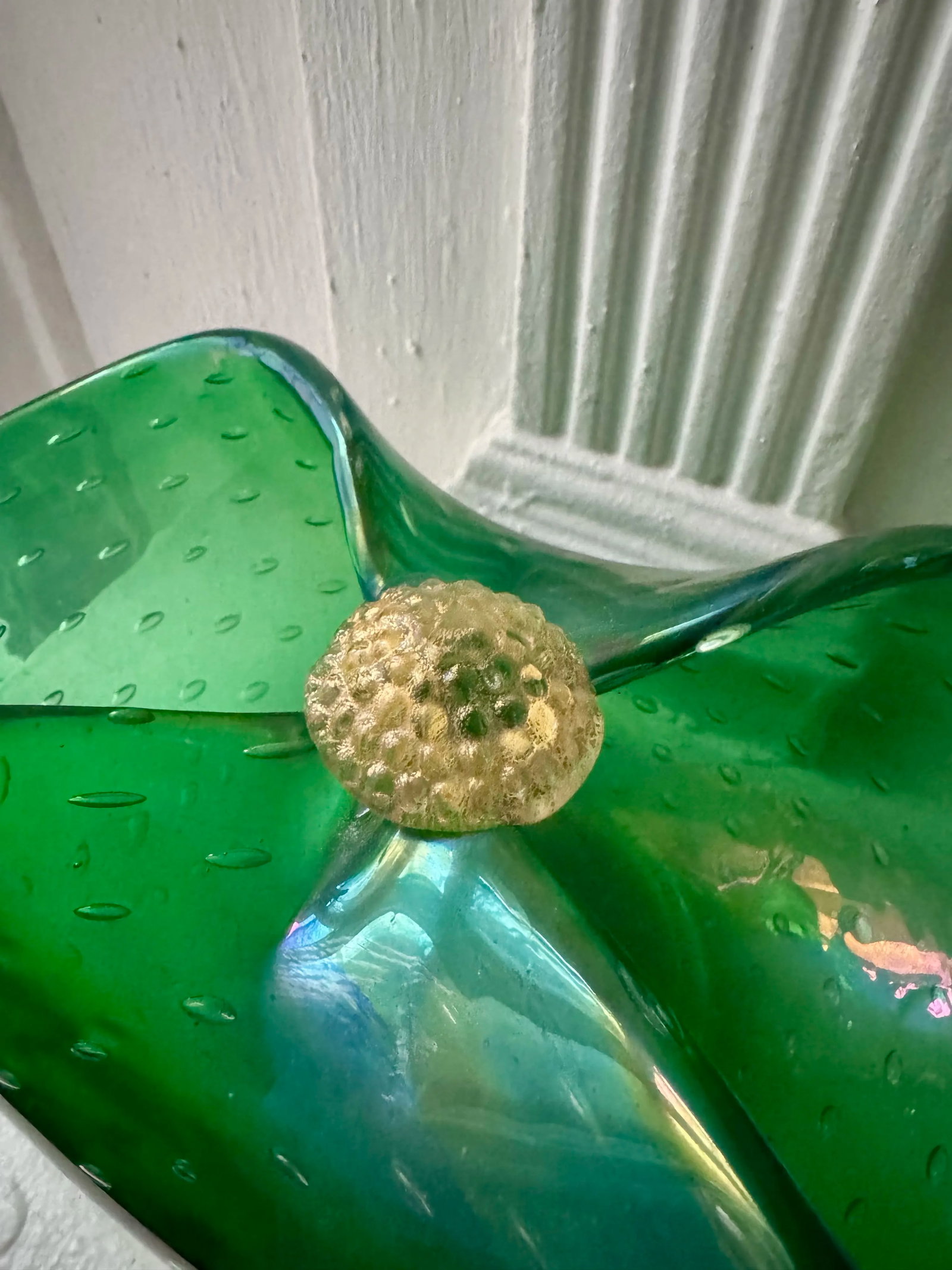 Vintage Murano Style Italian Glass Bowl Controlled Bubble Green Gold Decorative Dish - 5