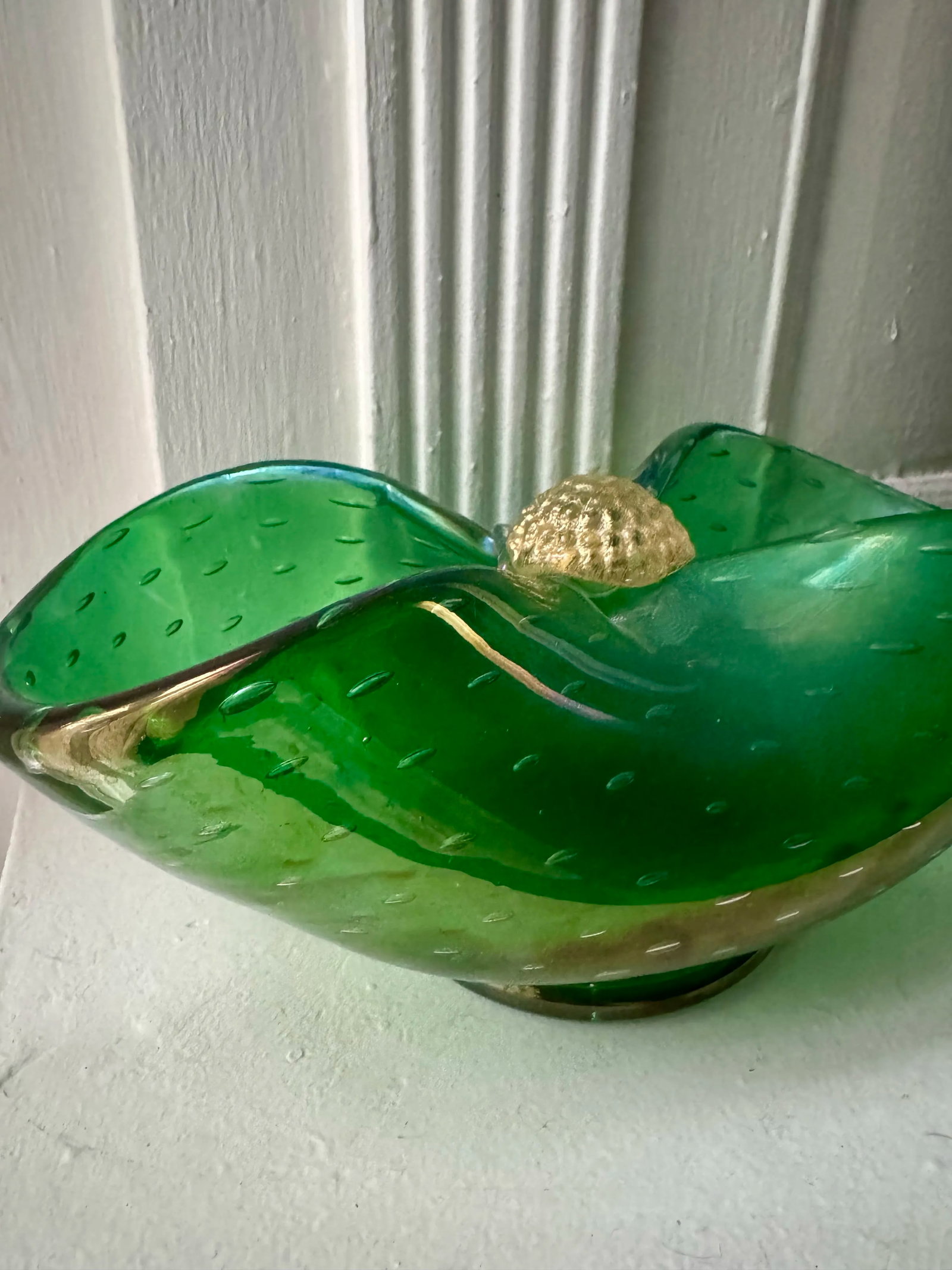 Vintage Murano Style Italian Glass Bowl Controlled Bubble Green Gold Decorative Dish - 6