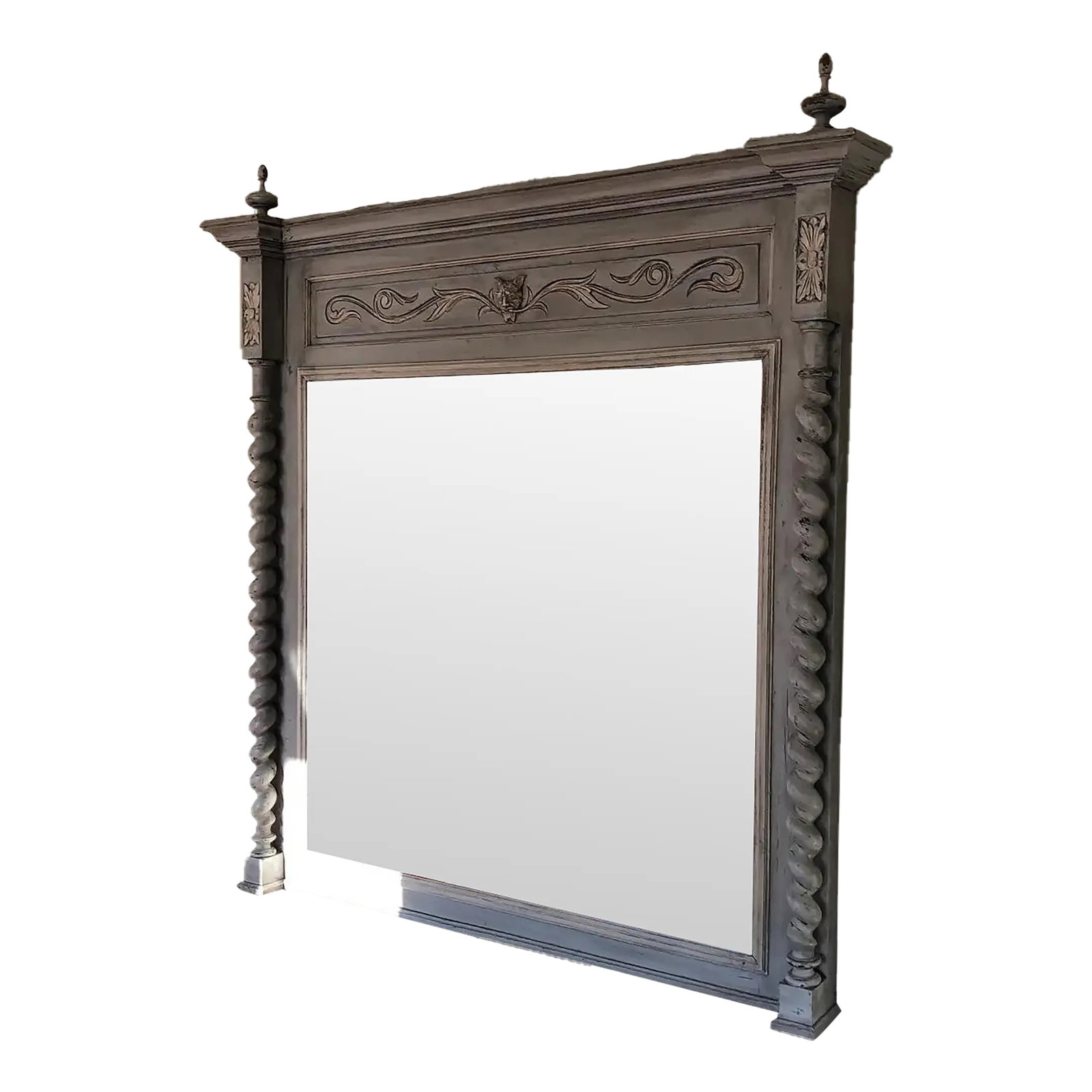 Late 19th Century Renaissance Revival Barley Twist Mirror: Impressive, Large Hand Painted European Mantle or Trumeau Mirror with flanking pair of Barley Twist columnar supports. Topped with 2 Turned Finials. Original Beveled Plate Mirror. French Blue Grey wit
