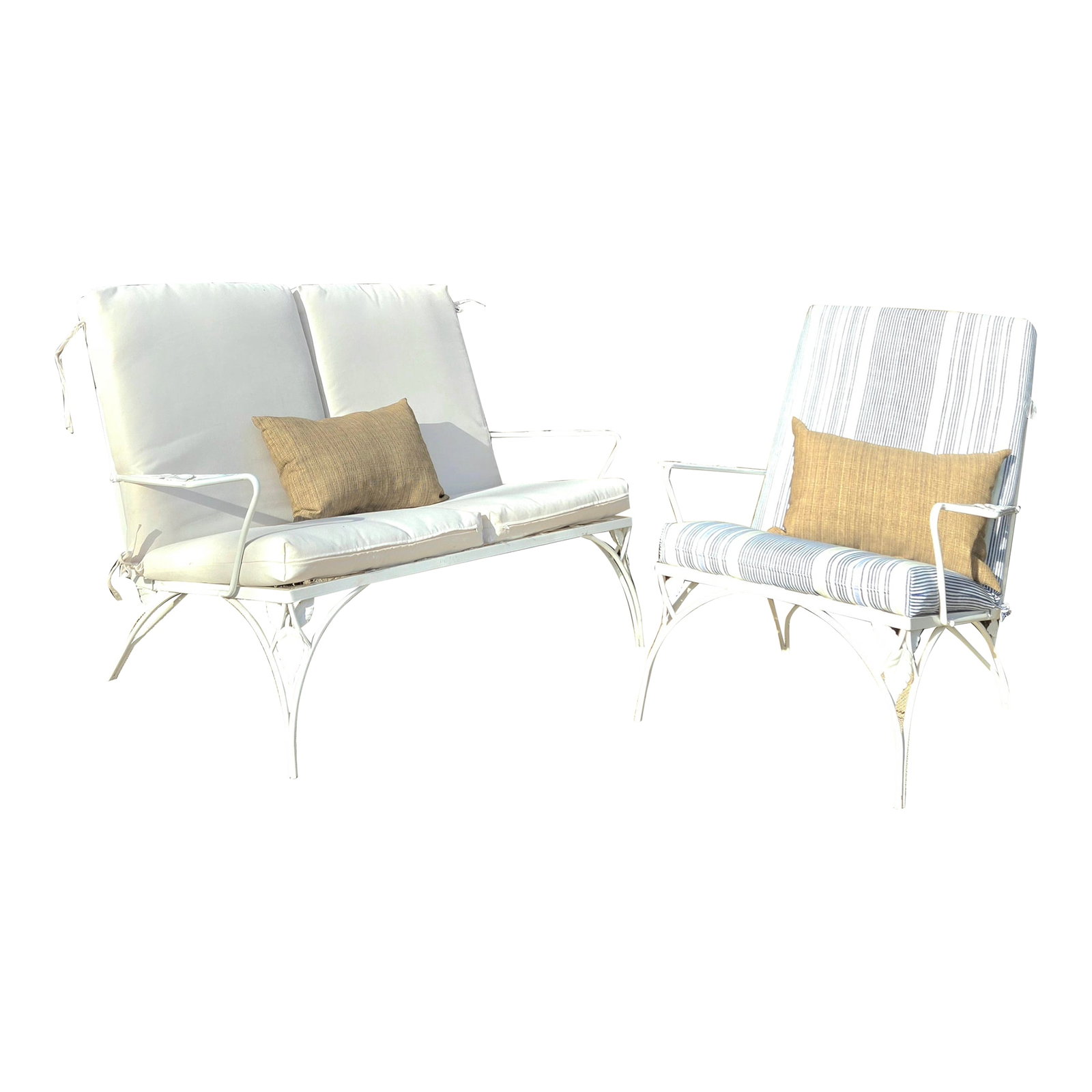 Vintage Wrought Iron Outdoor Patio Seating: Vintage Wrought Iron Outdoor Patio Set This 2 person sofa and arm chair is made of heavy duty wrought iron and built to last. Perfect for any deck, garden, or patio. Features cushions that are