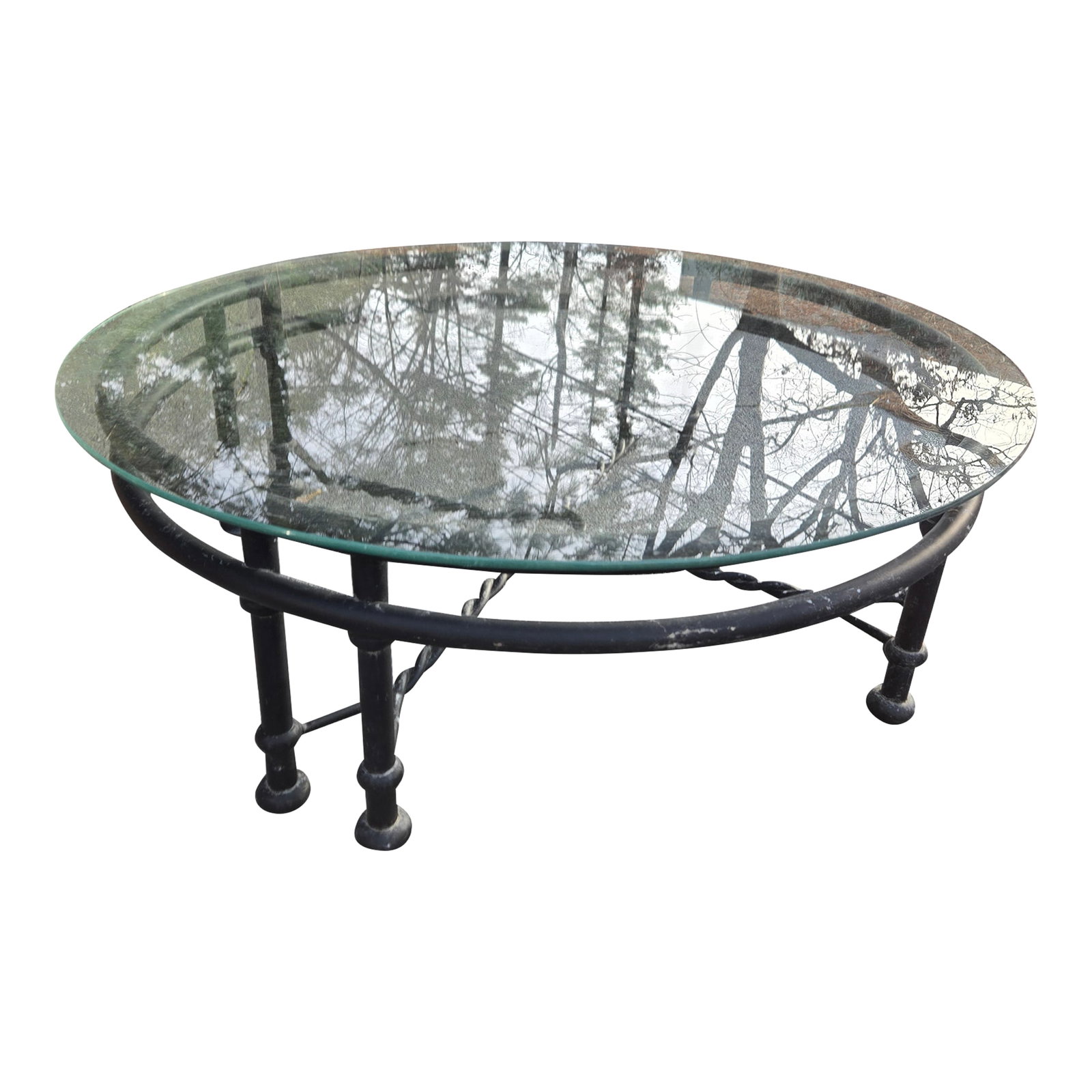 Late 20th Century Giacometti Style Outdoor Table: Giacometti Style Outdoor Table Perfect for outdoor cocktails Available now and ready to ship 36" Round with Glass Top Item does not contain a makers mark Condition: Alterations: Original Condition