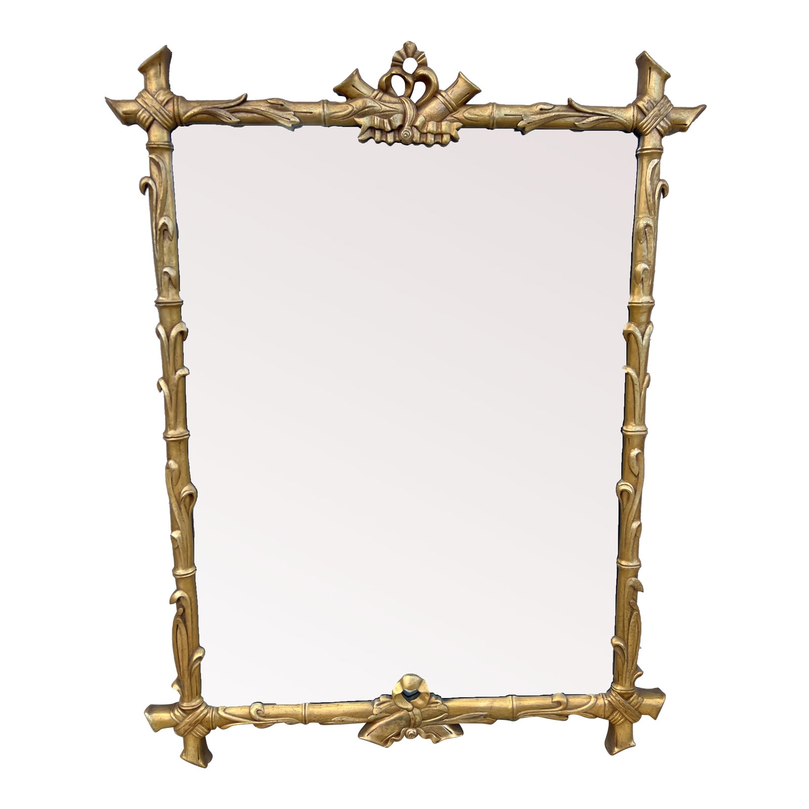 Large Vintage Gold Faux Bamboo Wall Mirror: Exquisite large giltwood faux bamboo mirror in the Napoleon III style. This stunning piece features a composite and wood frame with beveled glass, beautifully designed to evoke the charm of bamboo
