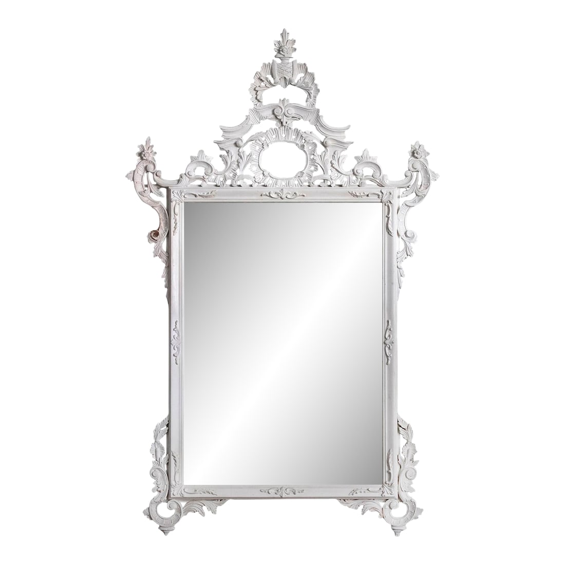 1960s Hand-Carved Italian Chippendale Style Large Mirror: Inspired by the work of Thomas Chippendale, this antique style decorative mirror incorporates elements of Gothic, Rococo & B Baroque design. Carved by Italian artisan. This ornate mirror is hand paint