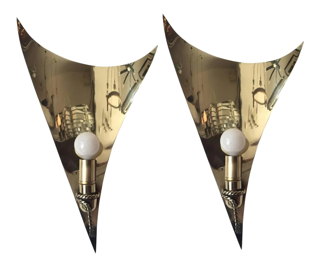 Large 1970s French Sculptural Sconces - a Pair: A large rare, unusual pair of 1970s French sculptural polished brass wall lights. Excellent condition and rewired. Condition: Alterations: Restored Imperfections: Some Imperfections Condition Notes: E
