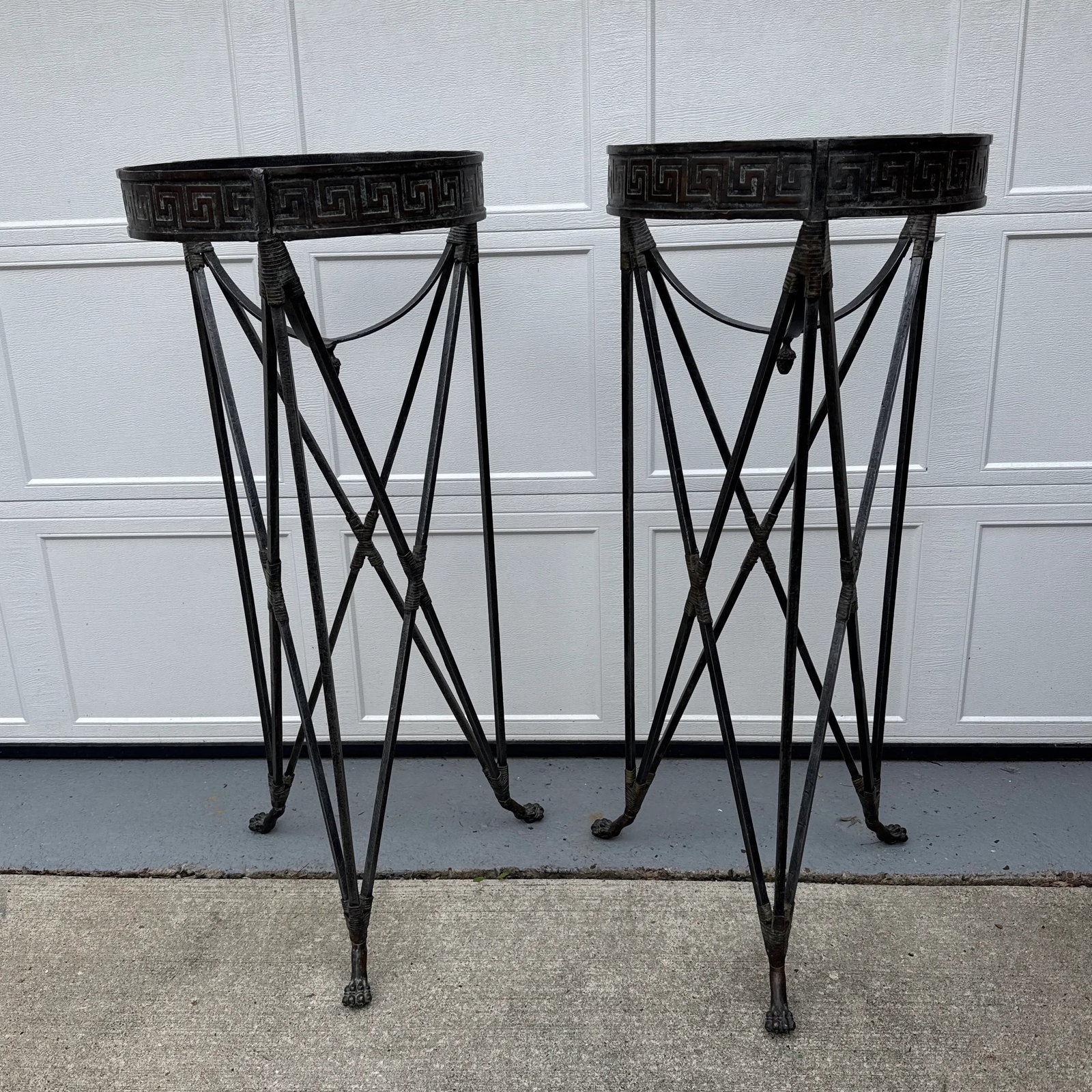 Late 20th Century Iron Greek Key Athenienne Tripod Stands - Set of 2 - 4