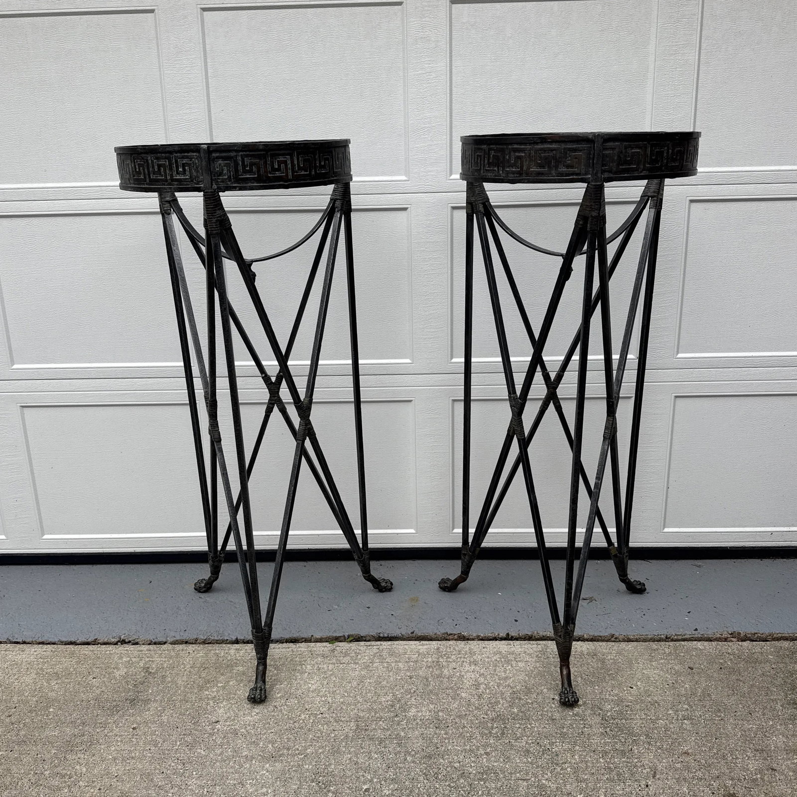 Late 20th Century Iron Greek Key Athenienne Tripod Stands - Set of 2 - 7