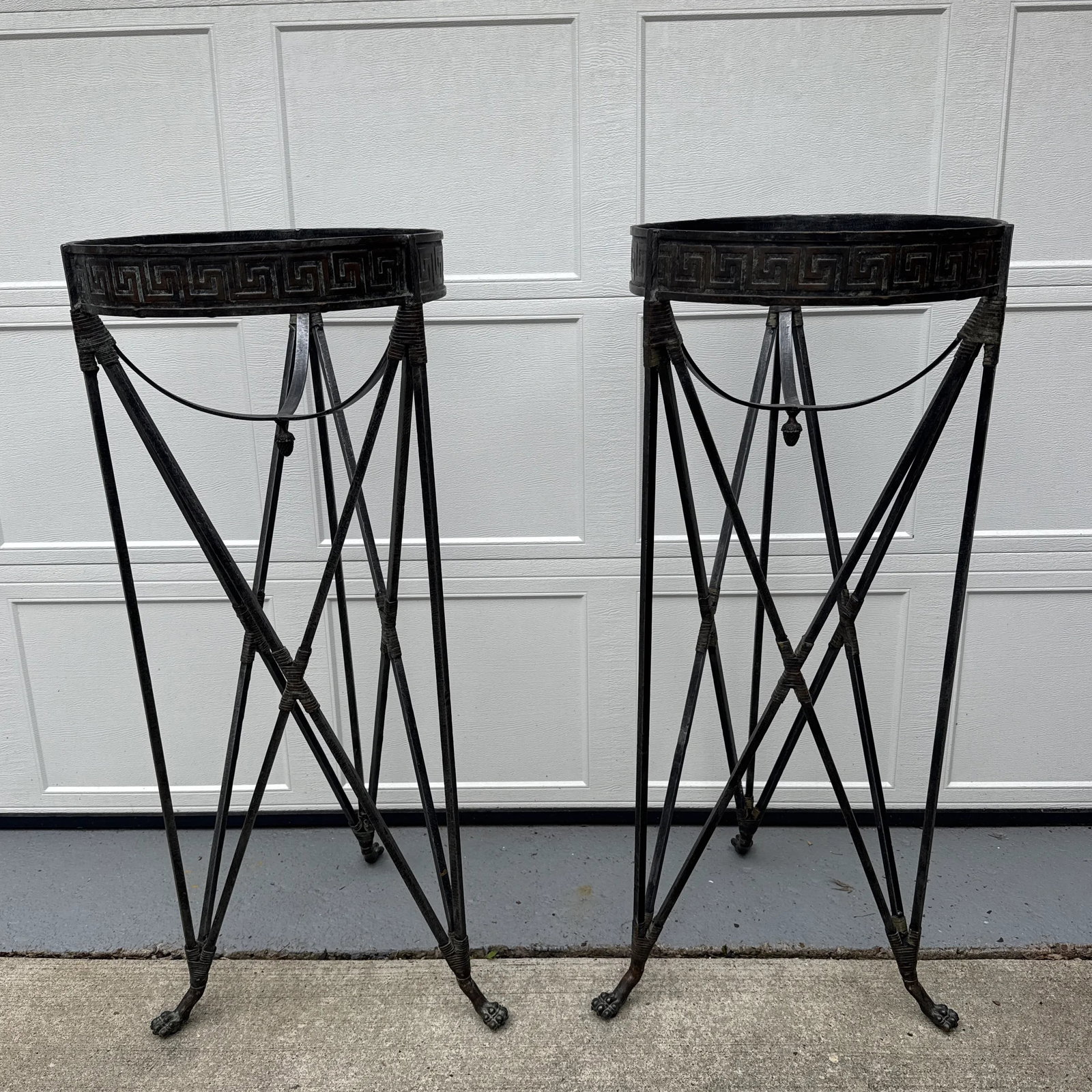Late 20th Century Iron Greek Key Athenienne Tripod Stands - Set of 2 - 8