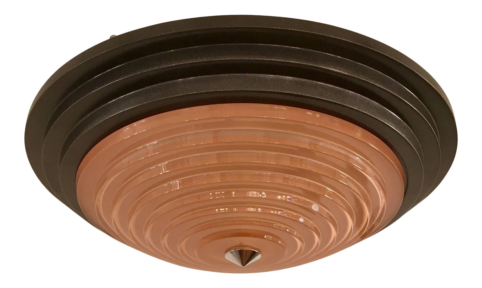 1980s Fontana Arte Daniela Puppa and Franco Raggi Crystal Flush Light: An original 1988, Fontana Arte model # 2792 flush ceiling light composed of a mate gun metal frame and a pale pink tiered glass crystal shade with decorative chrome pointed finial. Newly Rewired.
